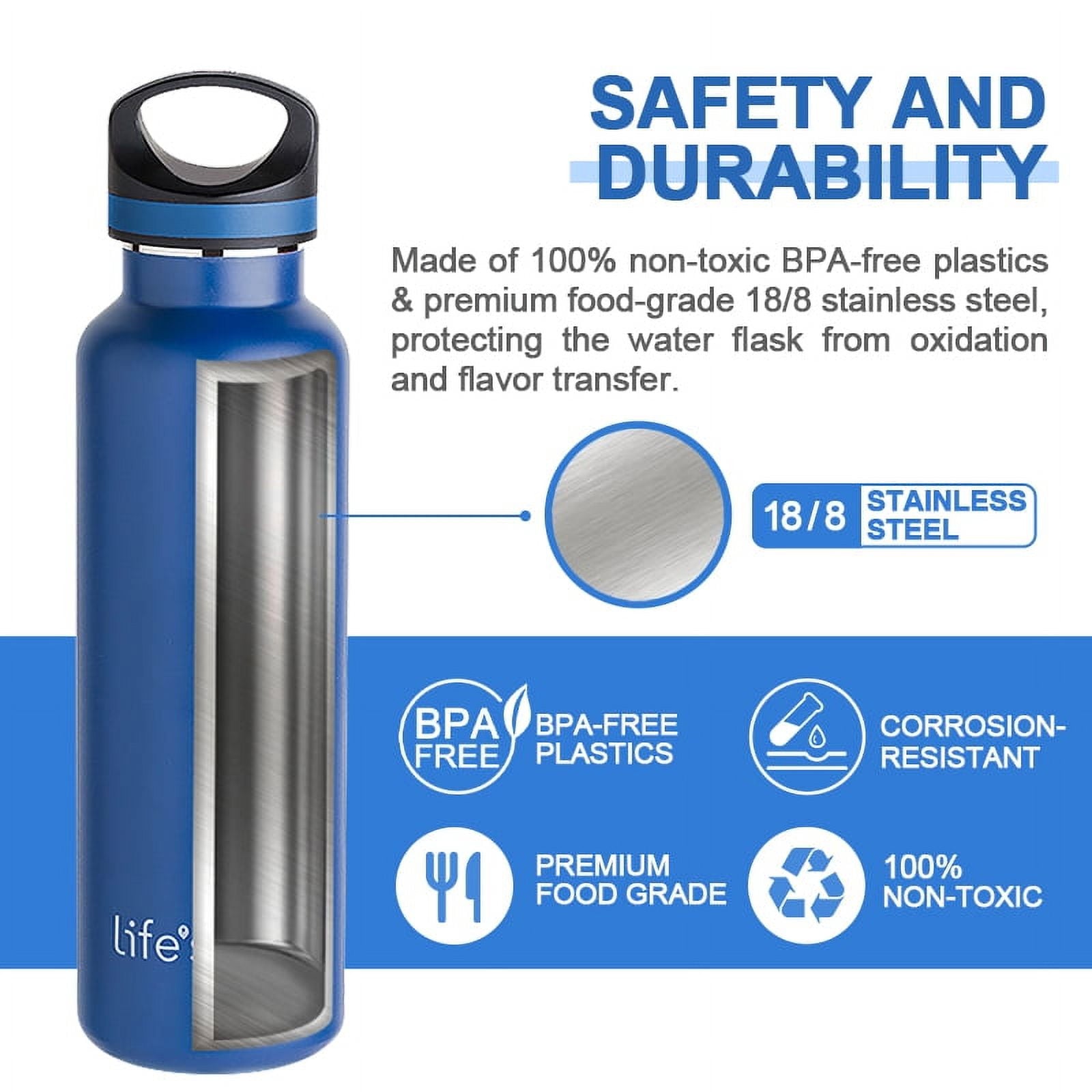 LIFE'S EASY 20 oz. Sports Insulated Water Bottle with Lid. Stainless Steel Vacuum Double Wall Thermo for Modern Hot and Cold Drinks, Simple Metal Hydro Canteen for Travel Men and Women (White) C417D