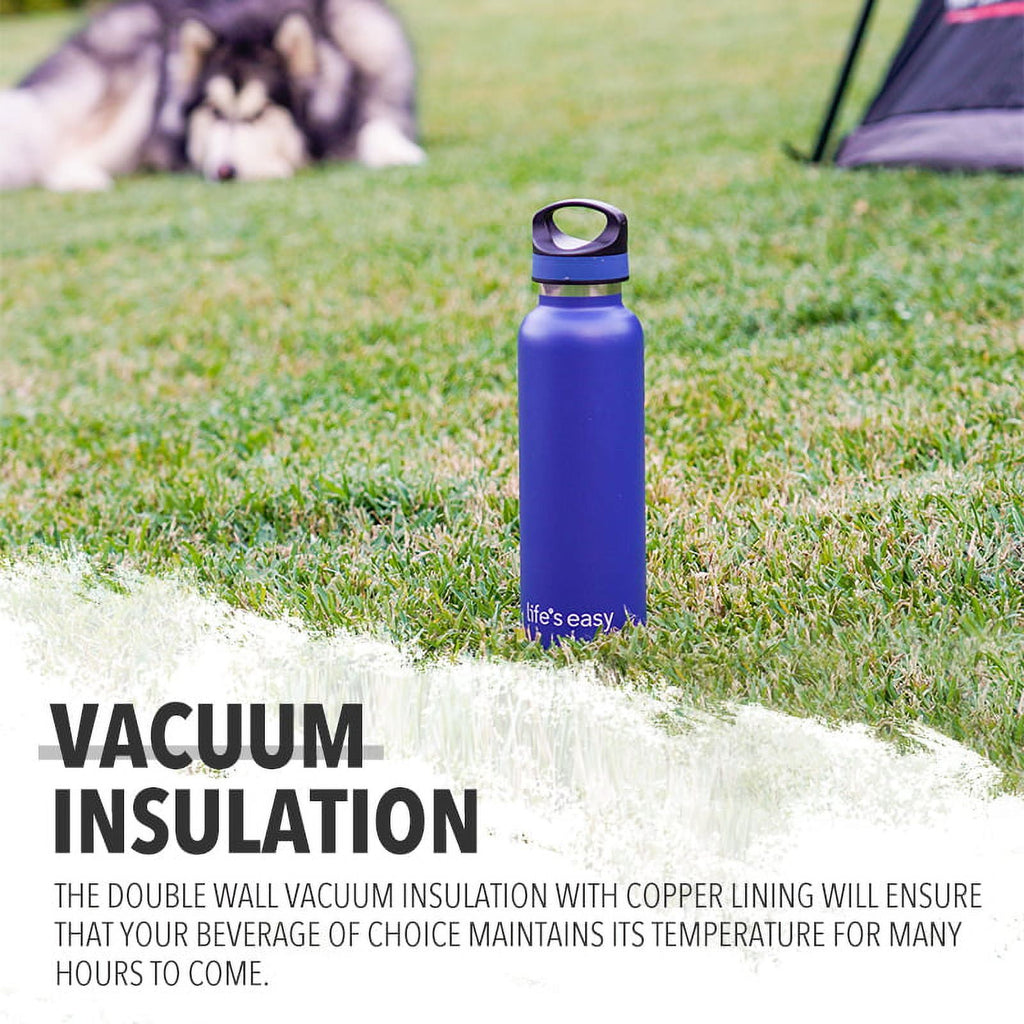 LIFE'S EASY 20 oz. Sports Insulated Water Bottle with Lid. Stainless Steel Vacuum Double Wall Thermo for Modern Hot and Cold Drinks, Simple Metal Hydro Canteen for Travel Men and Women (White) C417D