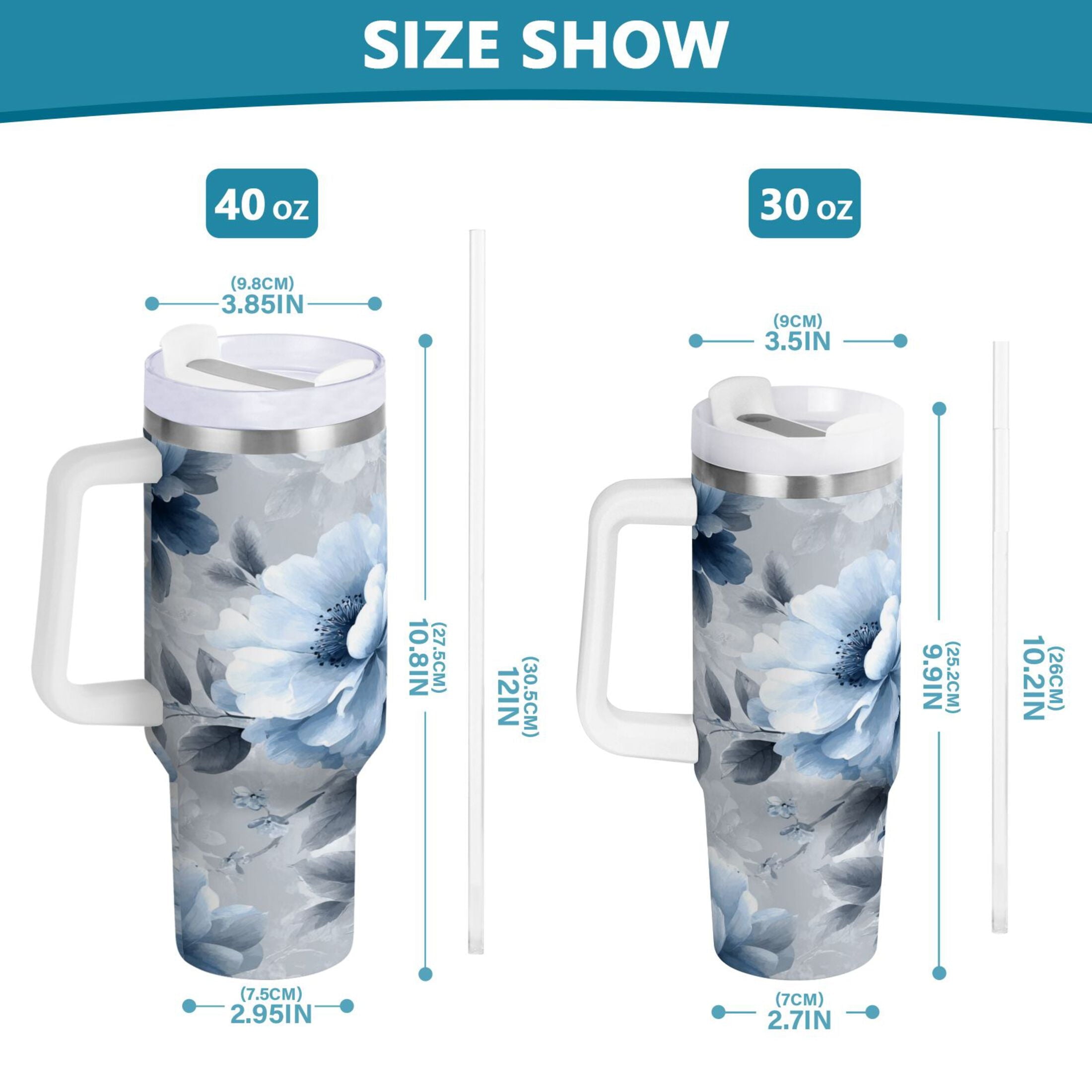 40 oz Insulated Stainless Steel Tumbler Double Wall Stainless Steel Tumbler with 2-Way Drinking White Floral Pattern C584J