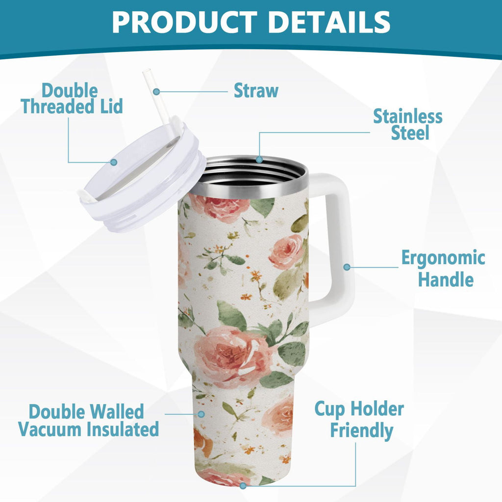 40 oz Insulated Stainless Steel Tumbler Double Wall Stainless Steel Tumbler with 2-Way Drinking Watercolor Rose Floral Pattern C499N