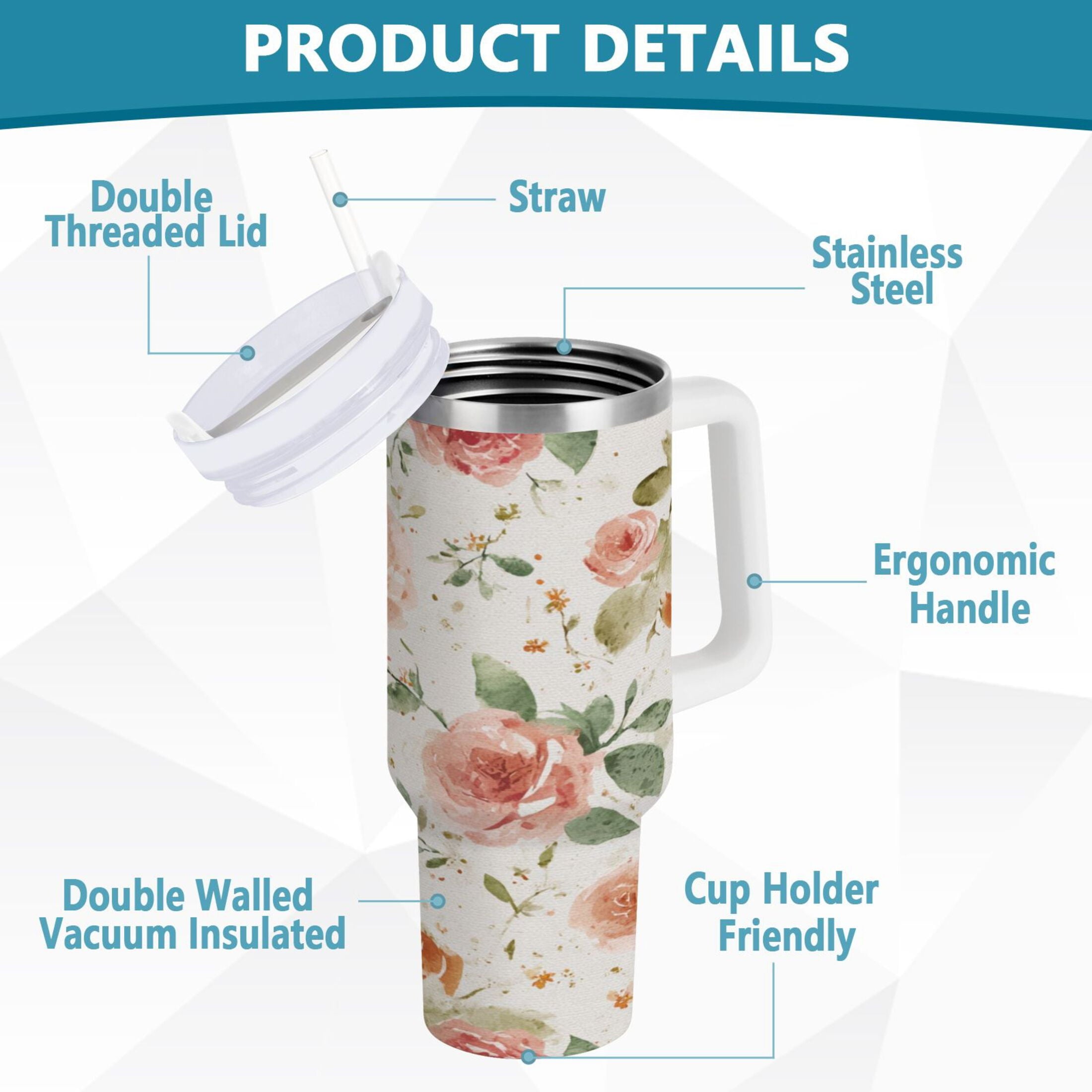 40 oz Insulated Stainless Steel Tumbler Double Wall Stainless Steel Tumbler with 2-Way Drinking Watercolor Rose Floral Pattern C499N