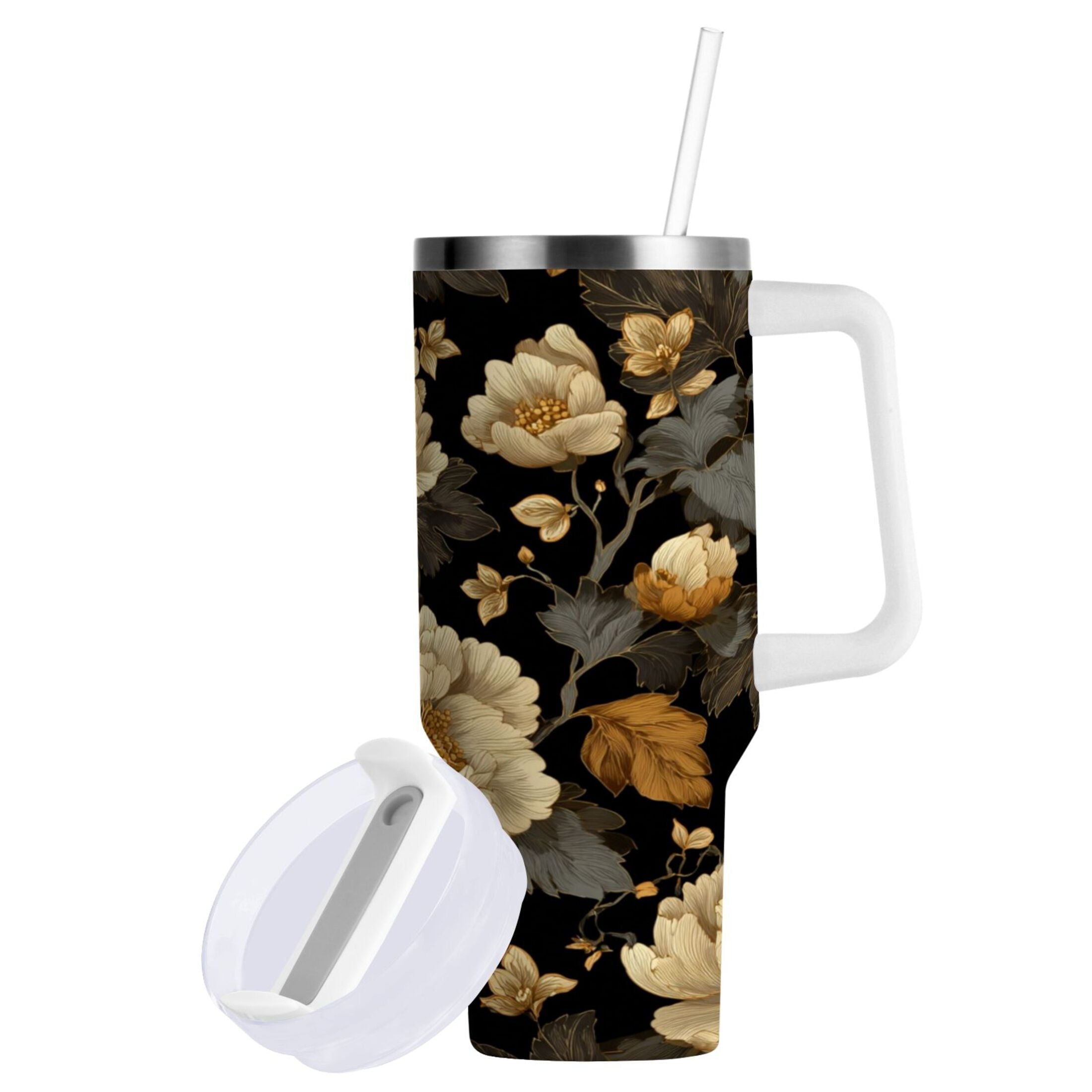 30 oz Insulated Stainless Steel Tumbler Double Wall Stainless Steel Tumbler with 2-Way Drinking Elegant Beige Floral C486P
