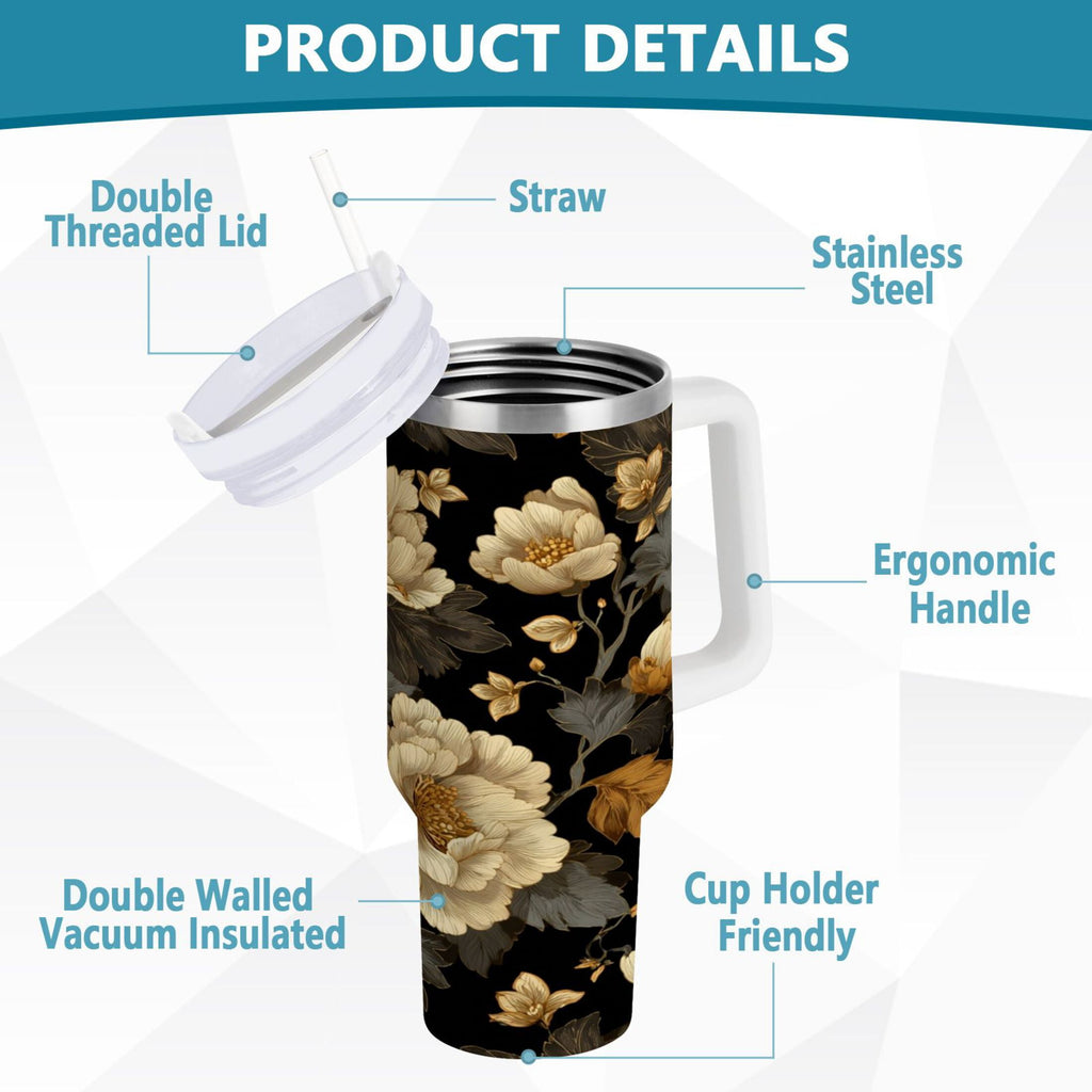 30 oz Insulated Stainless Steel Tumbler Double Wall Stainless Steel Tumbler with 2-Way Drinking Elegant Beige Floral C486P