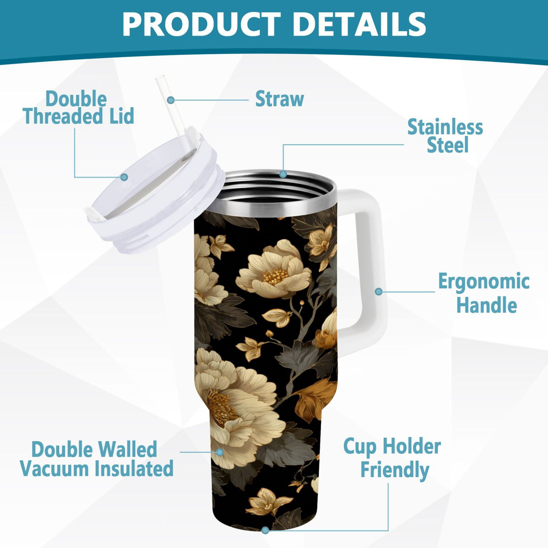 30 oz Insulated Stainless Steel Tumbler Double Wall Stainless Steel Tumbler with 2-Way Drinking Elegant Beige Floral C486P