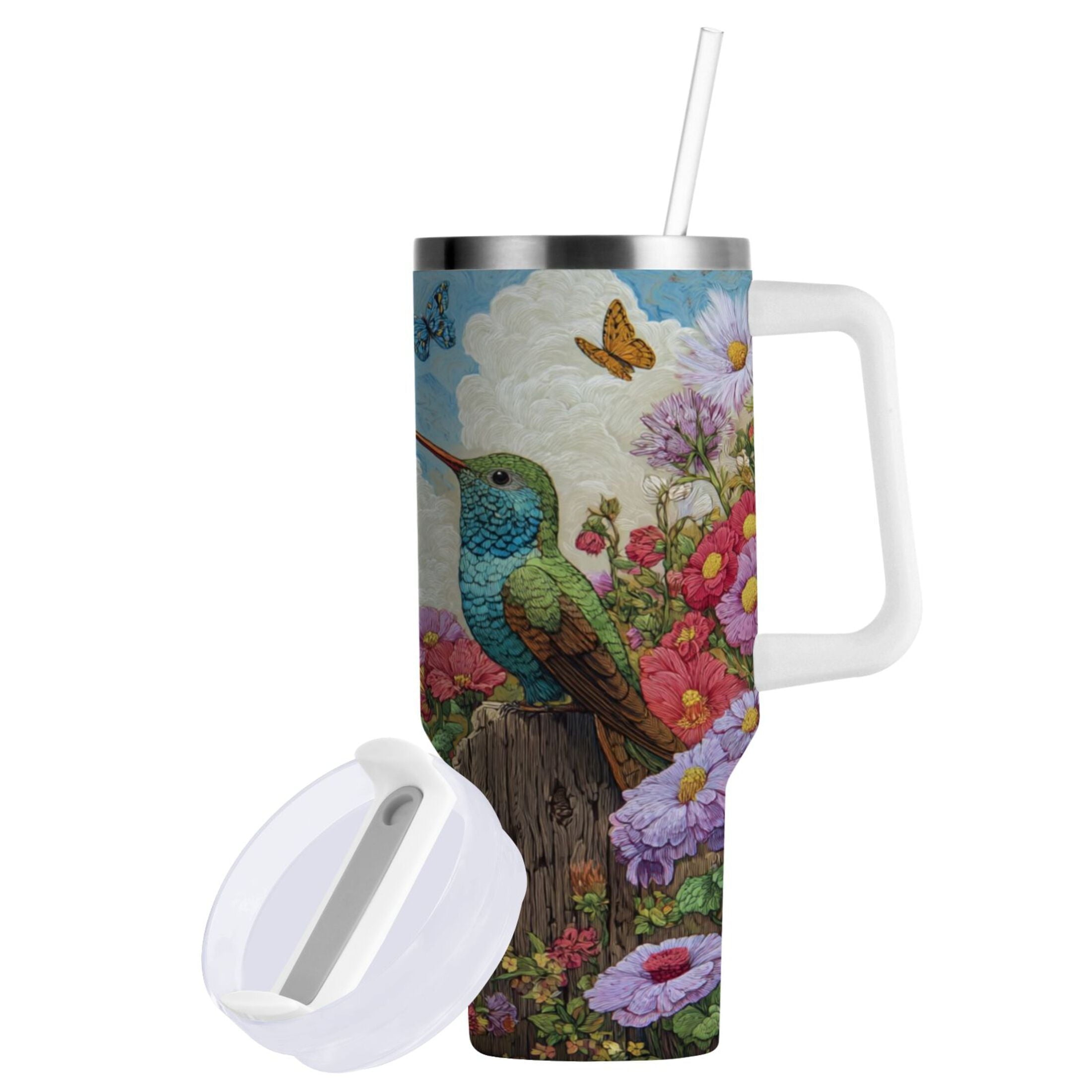 30 oz Insulated Stainless Steel Tumbler Double Wall Stainless Steel Tumbler with 2-Way Drinking Hummingbirds and Flowers C480F