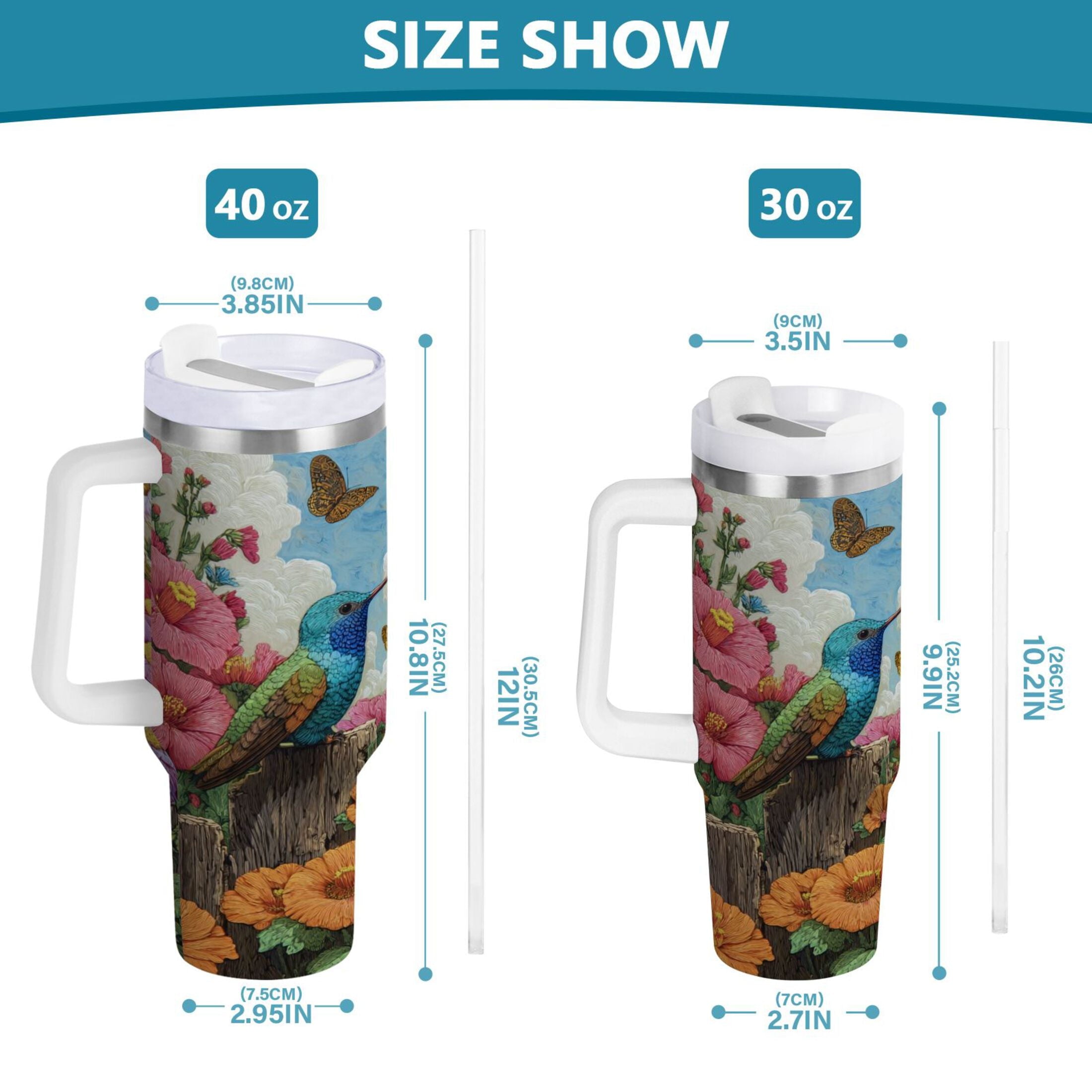 30 oz Insulated Stainless Steel Tumbler Double Wall Stainless Steel Tumbler with 2-Way Drinking Hummingbirds and Flowers C480F