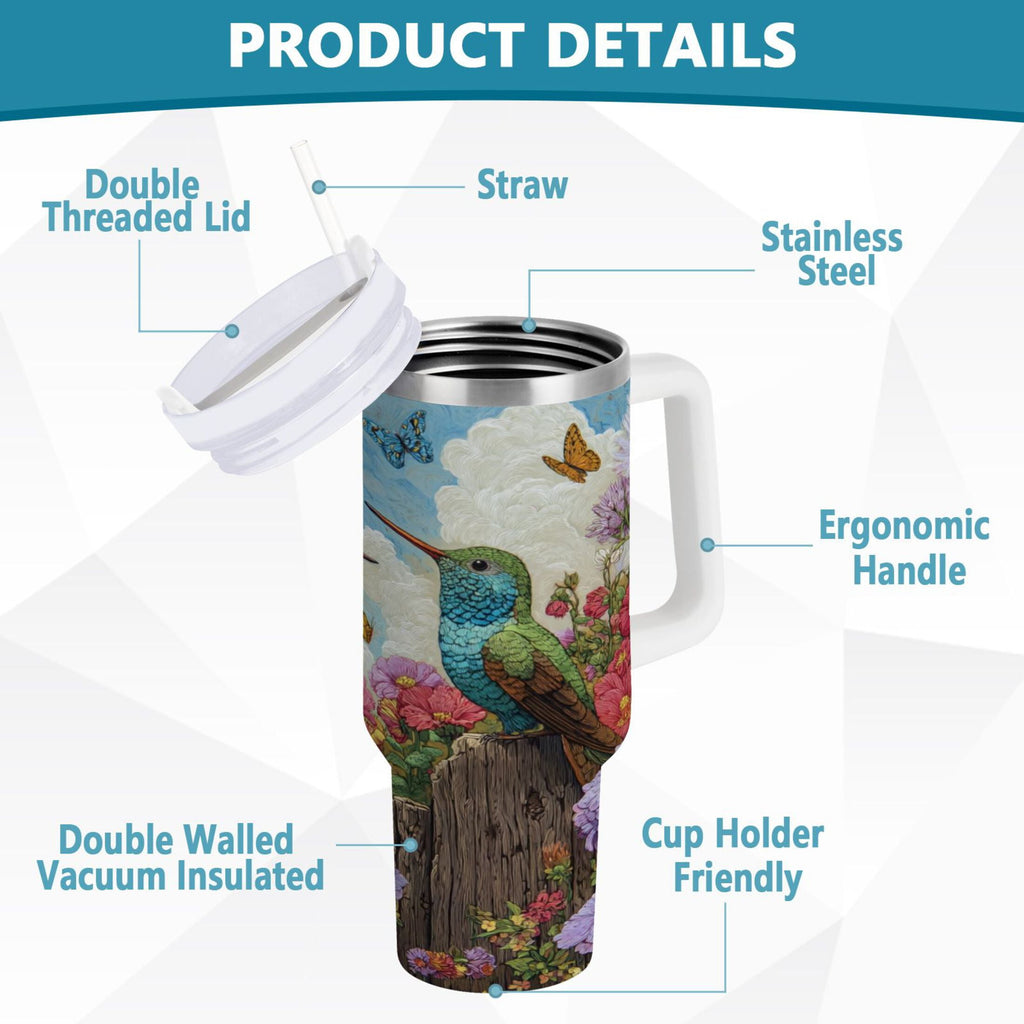 30 oz Insulated Stainless Steel Tumbler Double Wall Stainless Steel Tumbler with 2-Way Drinking Hummingbirds and Flowers C480F