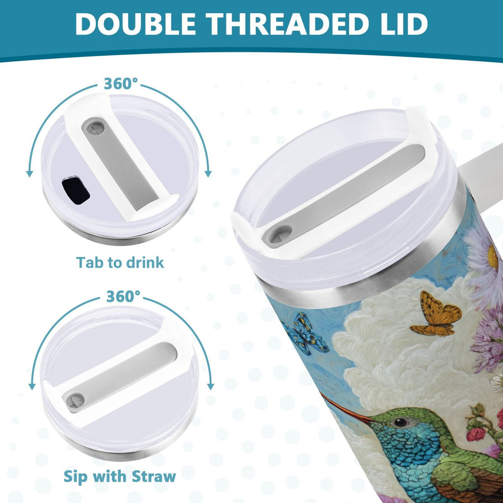 30 oz Insulated Stainless Steel Tumbler Double Wall Stainless Steel Tumbler with 2-Way Drinking Hummingbirds and Flowers C480F