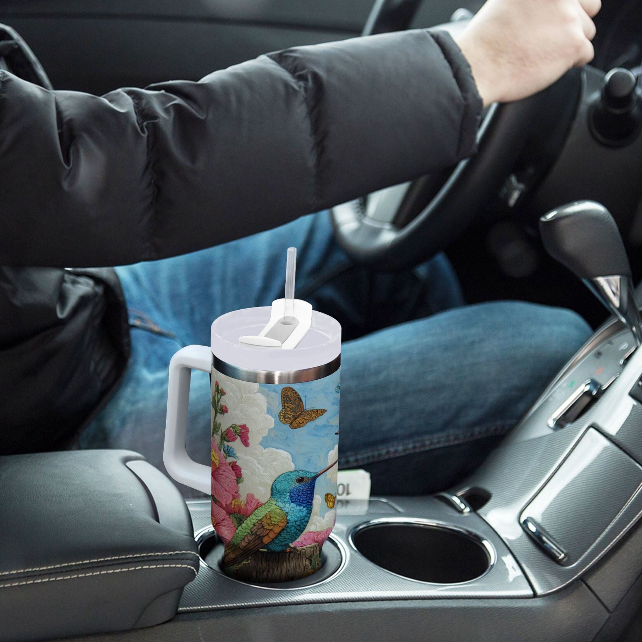 30 oz Insulated Stainless Steel Tumbler Double Wall Stainless Steel Tumbler with 2-Way Drinking Hummingbirds and Flowers C480F