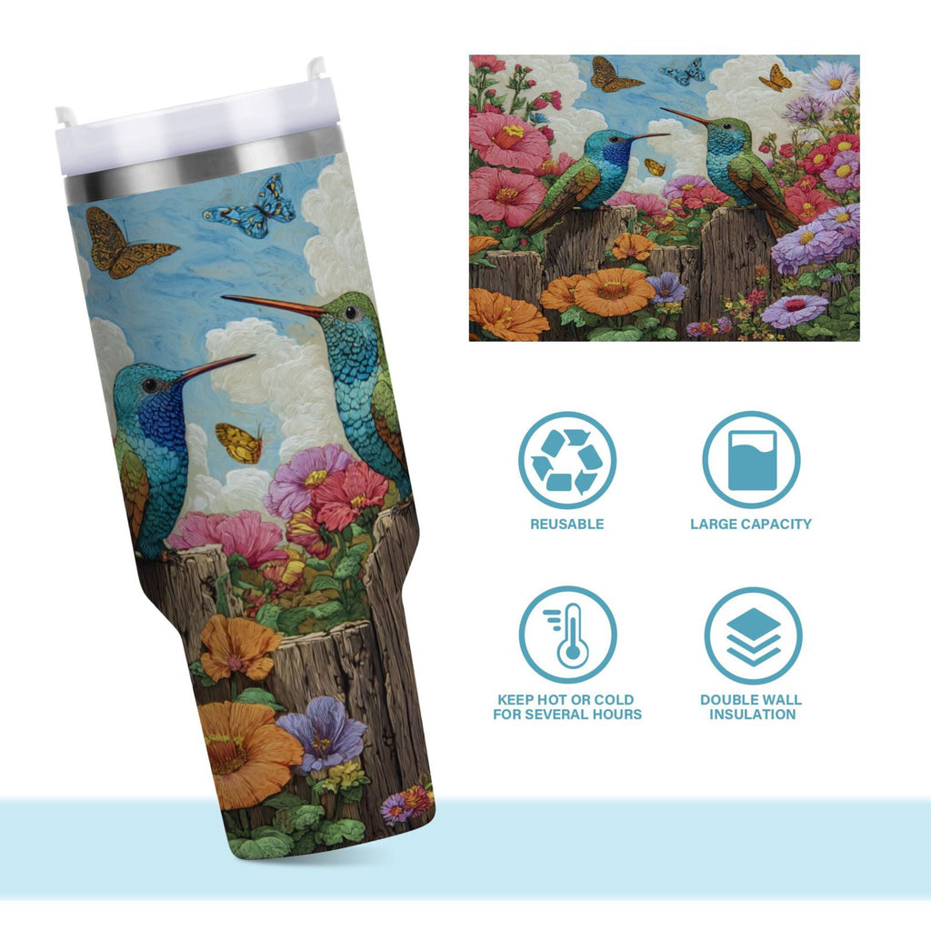 30 oz Insulated Stainless Steel Tumbler Double Wall Stainless Steel Tumbler with 2-Way Drinking Hummingbirds and Flowers C480F