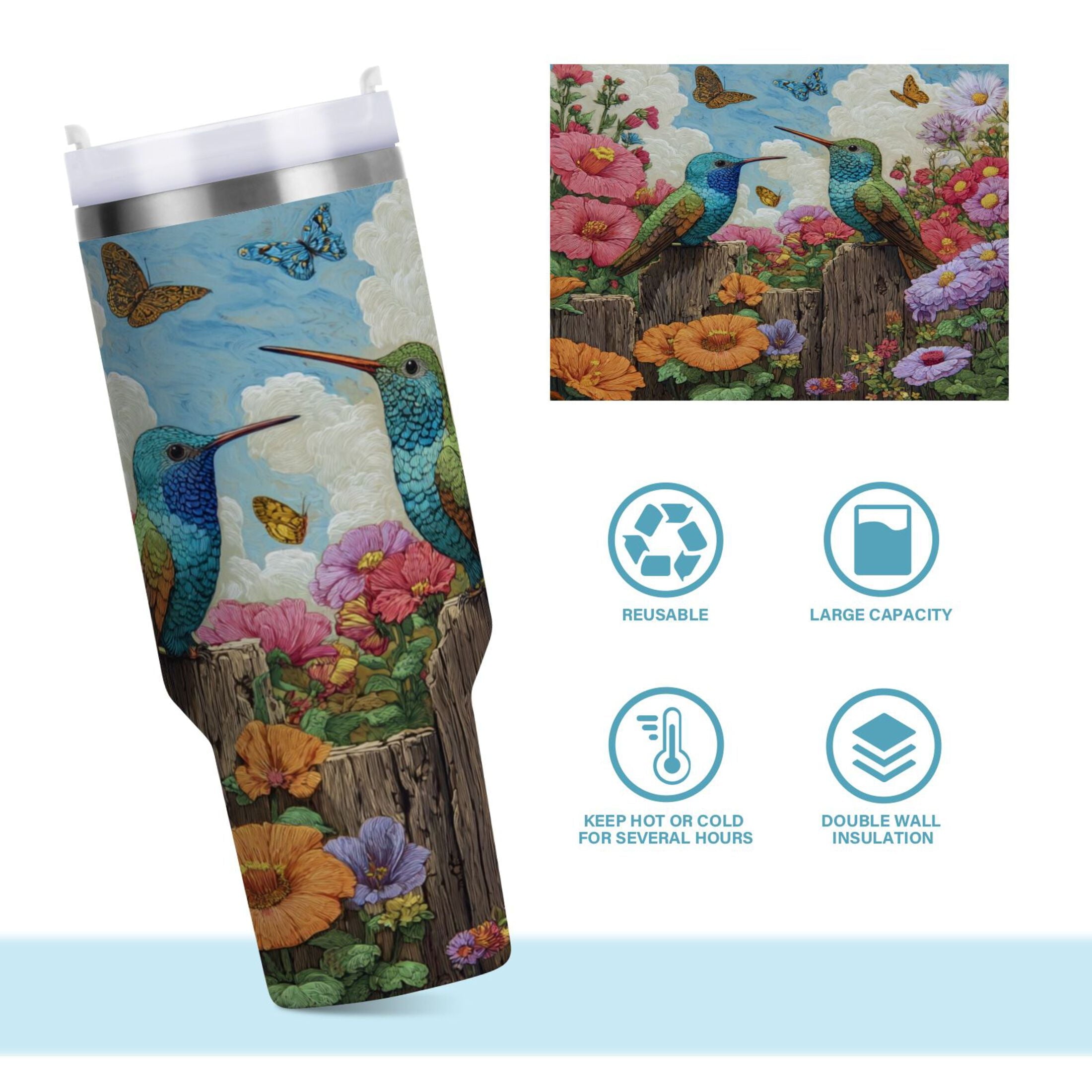 30 oz Insulated Stainless Steel Tumbler Double Wall Stainless Steel Tumbler with 2-Way Drinking Hummingbirds and Flowers C480F