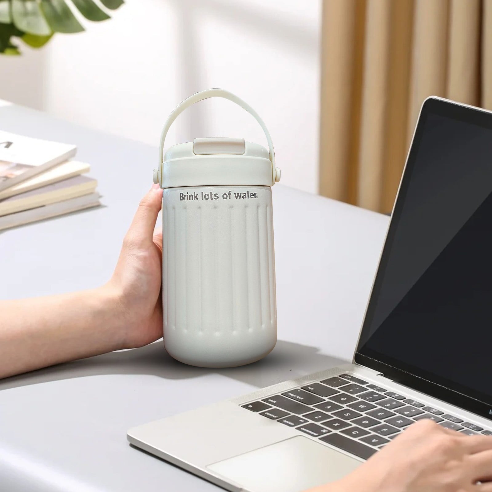 BinKFF Simple Modern Travel Coffee Mug, Insulated Coffee Tumblers with Lid, Double Walled Iced Travel Coffee Mug for Woman and Man Stainless Steel Tumbler with Handle C442K