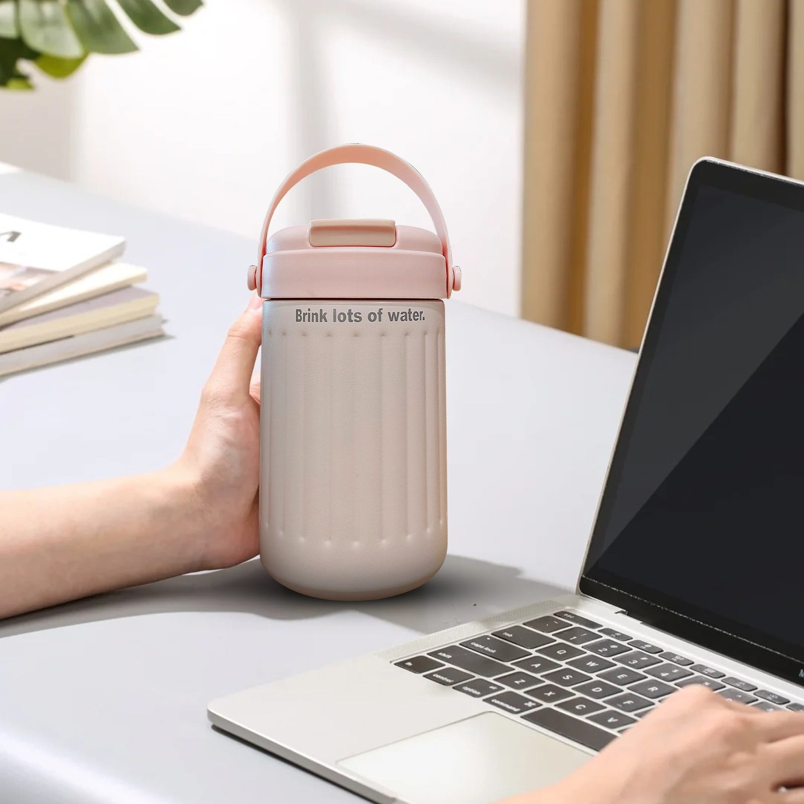 BinKFF Simple Modern Travel Coffee Mug, Insulated Coffee Tumblers with Lid, Double Walled Iced Travel Coffee Mug for Woman and Man Stainless Steel Tumbler with Handle C442K