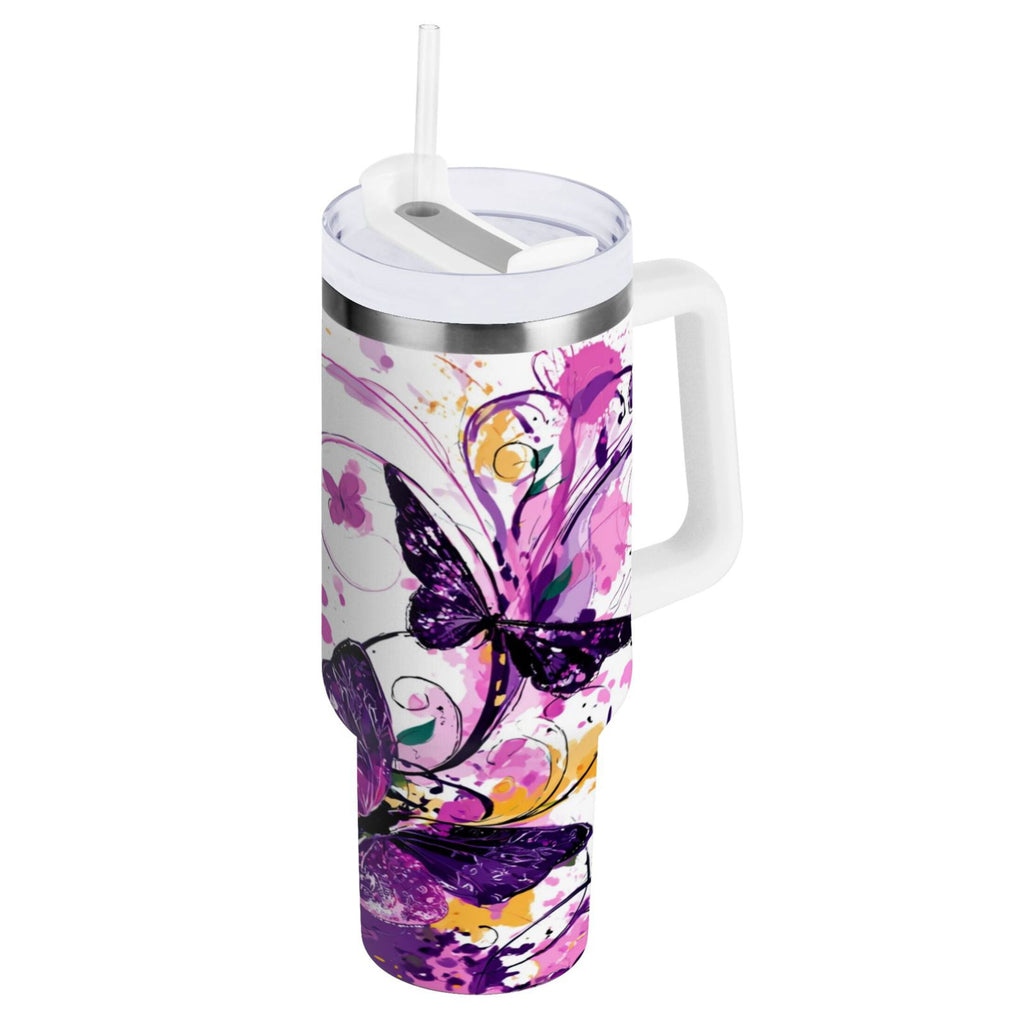 40 oz Insulated Stainless Steel Tumbler Double Wall Stainless Steel Tumbler with 2-Way Drinking Purple Butterfly C444V