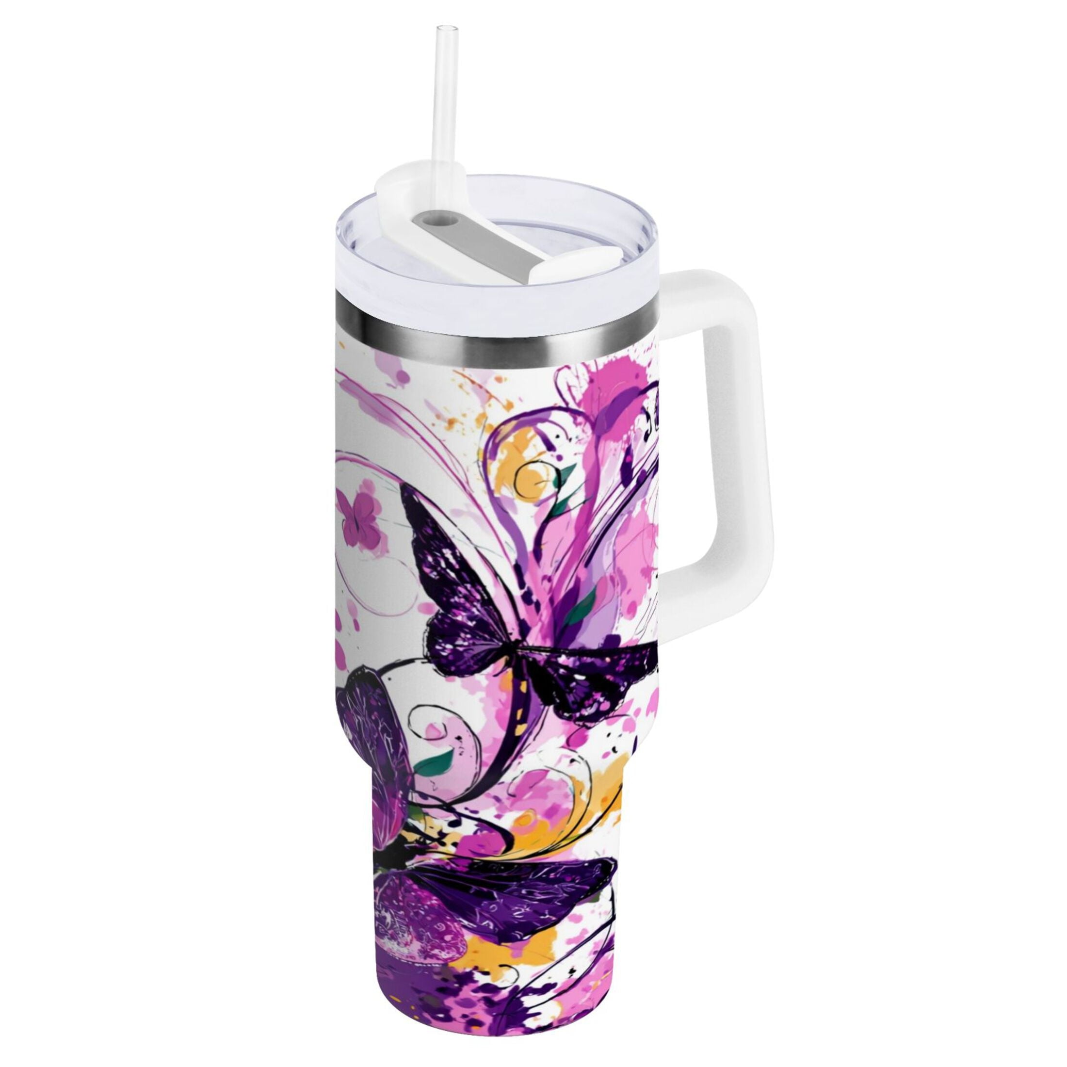 40 oz Insulated Stainless Steel Tumbler Double Wall Stainless Steel Tumbler with 2-Way Drinking Purple Butterfly C444V