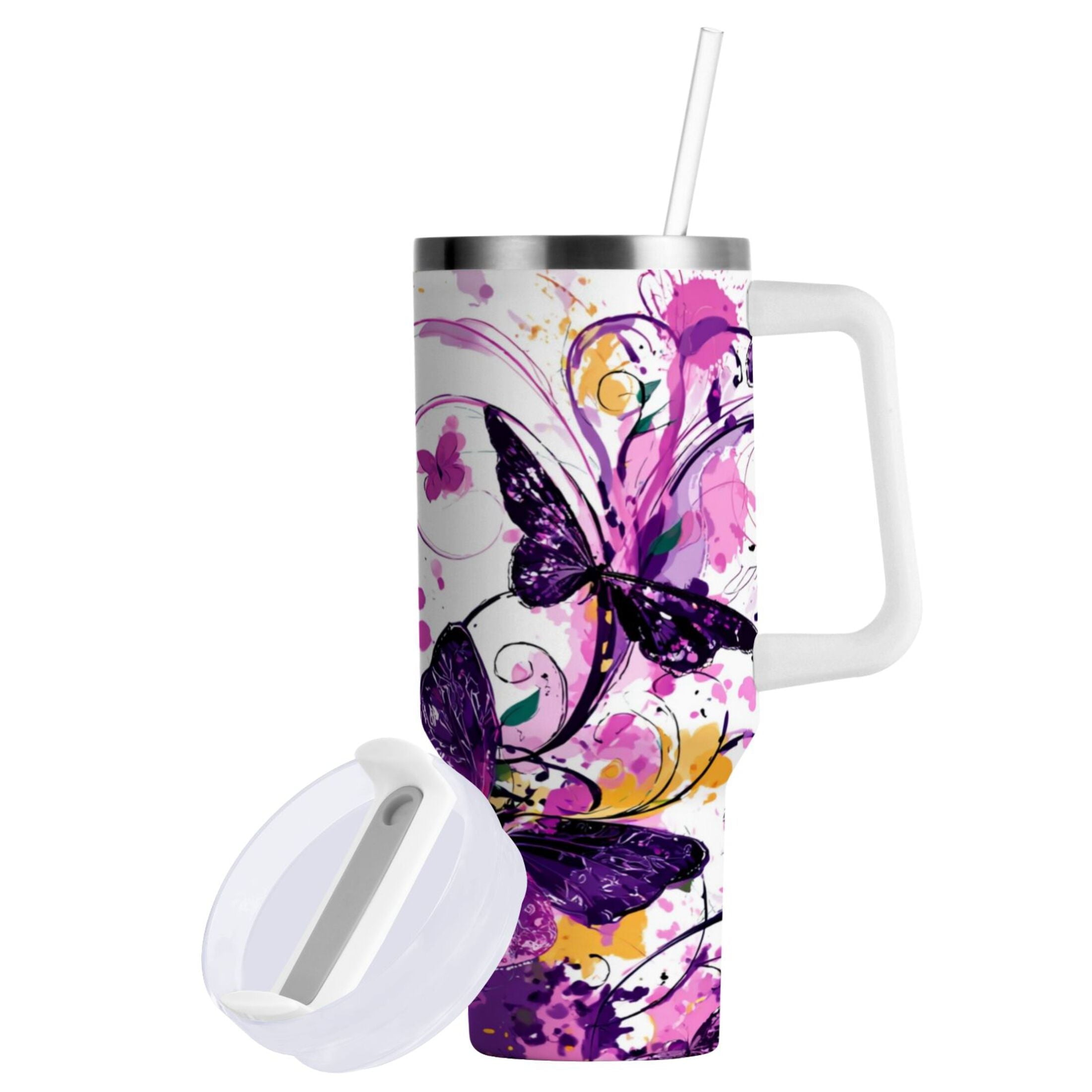 40 oz Insulated Stainless Steel Tumbler Double Wall Stainless Steel Tumbler with 2-Way Drinking Purple Butterfly C444V