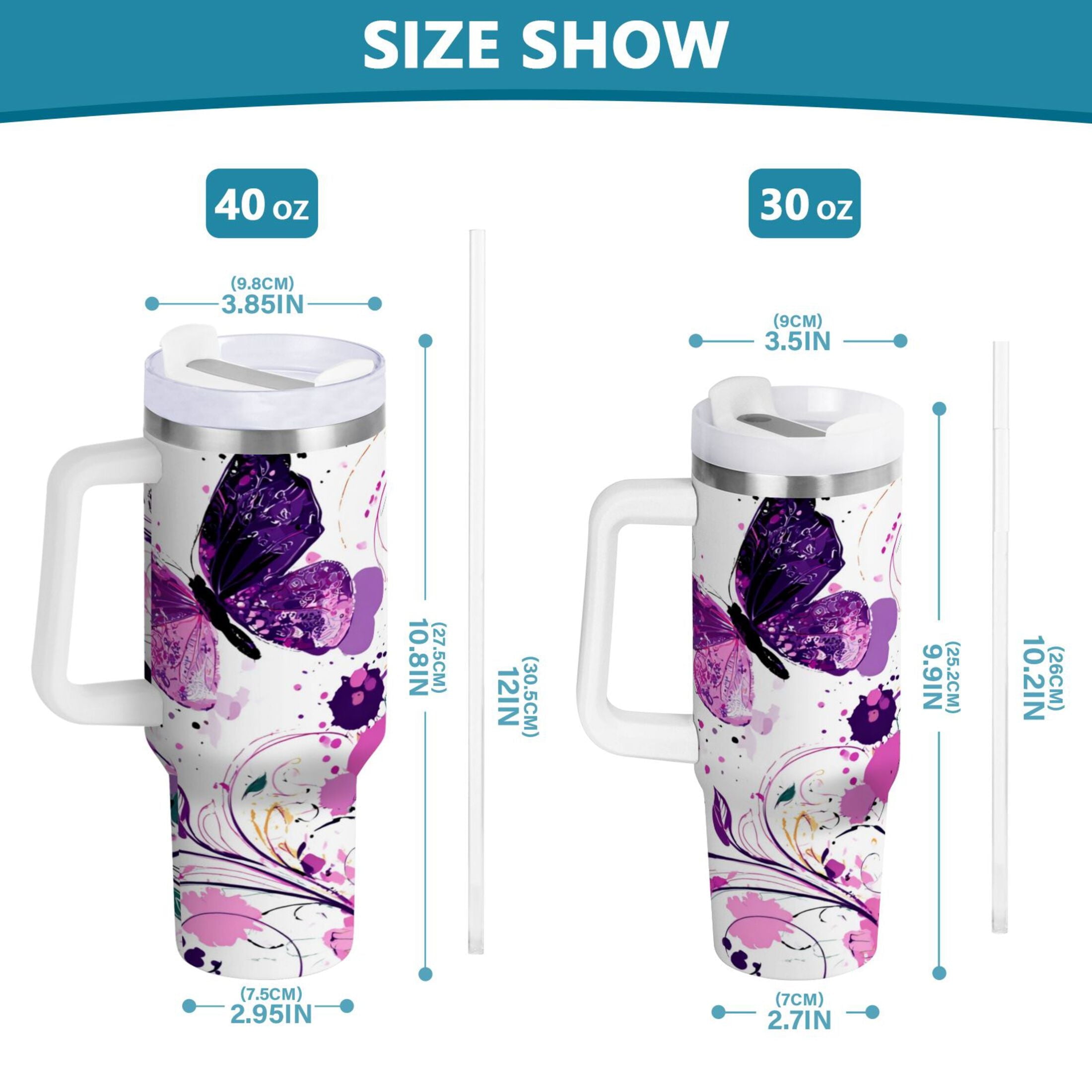 40 oz Insulated Stainless Steel Tumbler Double Wall Stainless Steel Tumbler with 2-Way Drinking Purple Butterfly C444V
