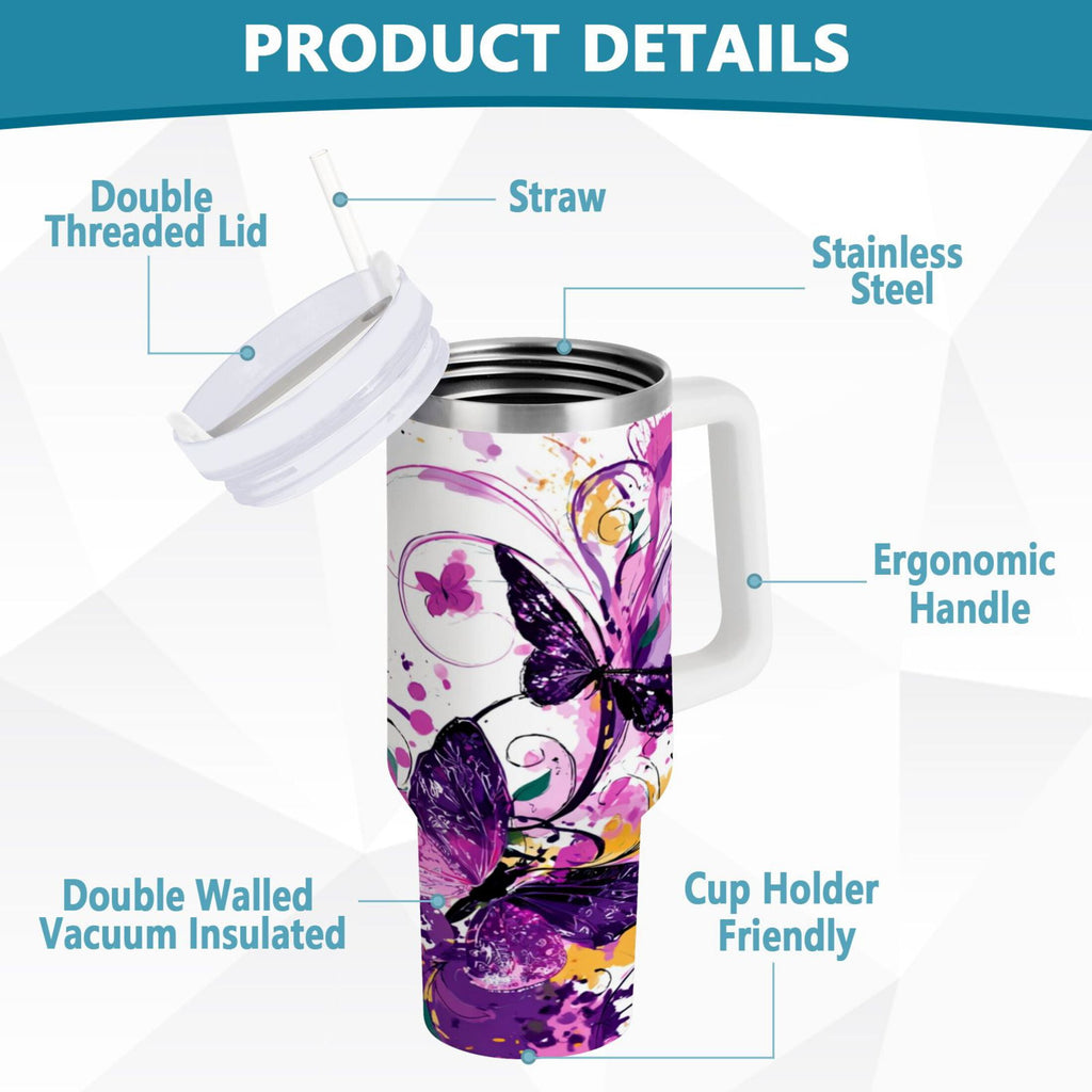 40 oz Insulated Stainless Steel Tumbler Double Wall Stainless Steel Tumbler with 2-Way Drinking Purple Butterfly C444V