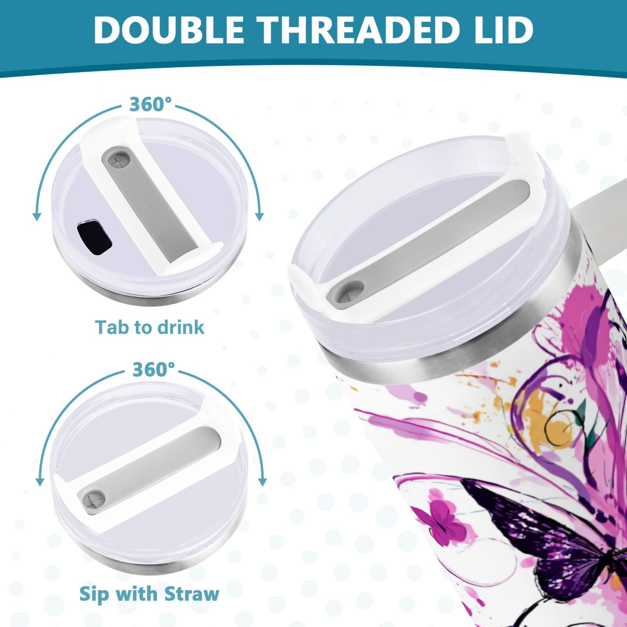 40 oz Insulated Stainless Steel Tumbler Double Wall Stainless Steel Tumbler with 2-Way Drinking Purple Butterfly C444V