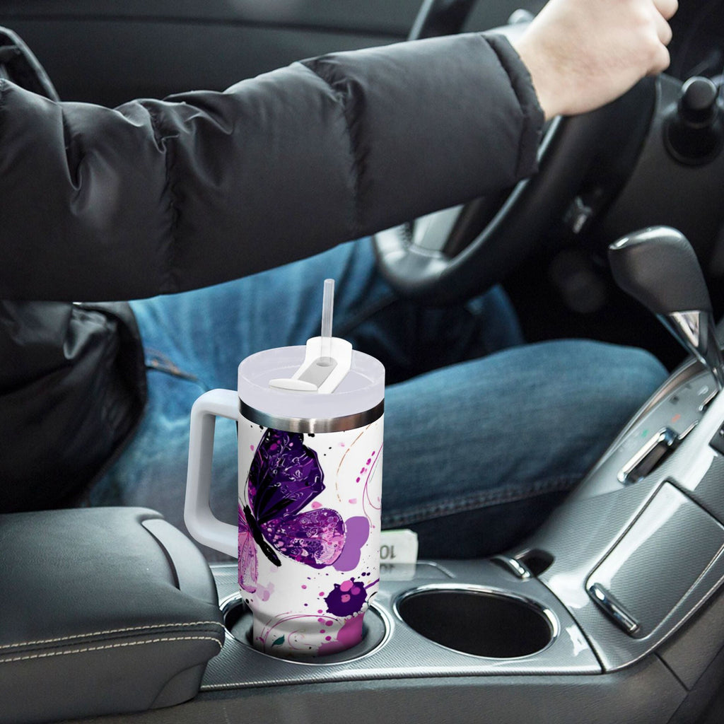 40 oz Insulated Stainless Steel Tumbler Double Wall Stainless Steel Tumbler with 2-Way Drinking Purple Butterfly C444V