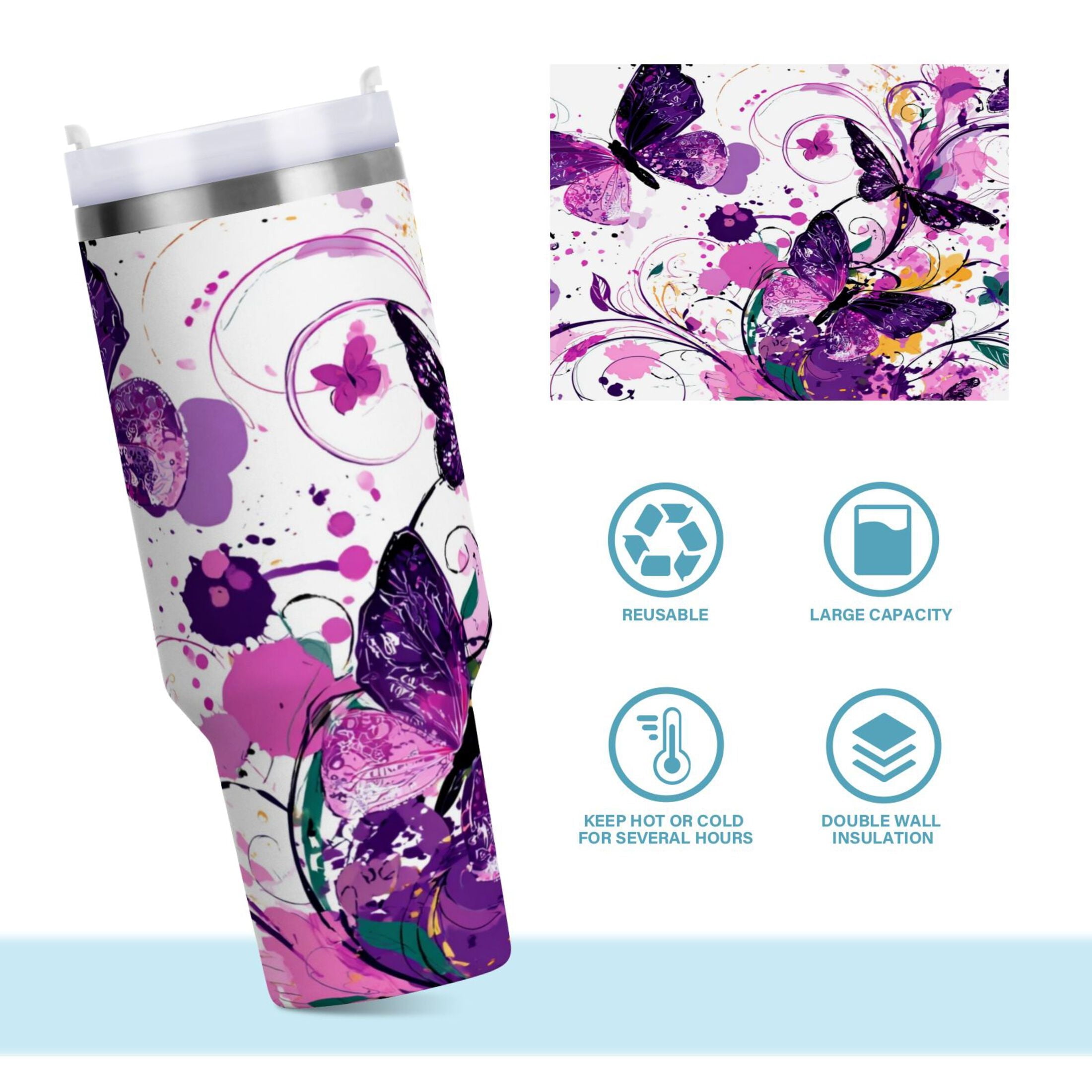 40 oz Insulated Stainless Steel Tumbler Double Wall Stainless Steel Tumbler with 2-Way Drinking Purple Butterfly C444V