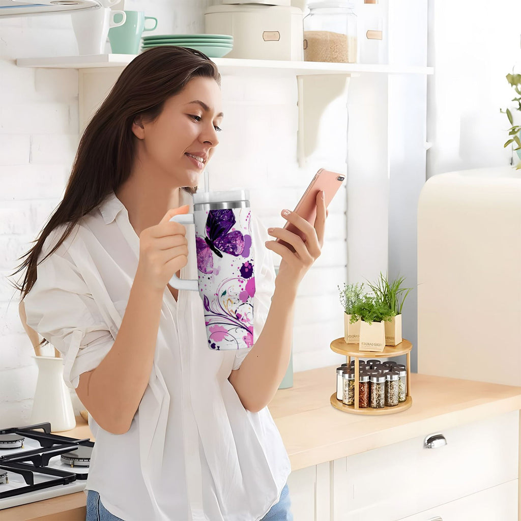 40 oz Insulated Stainless Steel Tumbler Double Wall Stainless Steel Tumbler with 2-Way Drinking Purple Butterfly C444V
