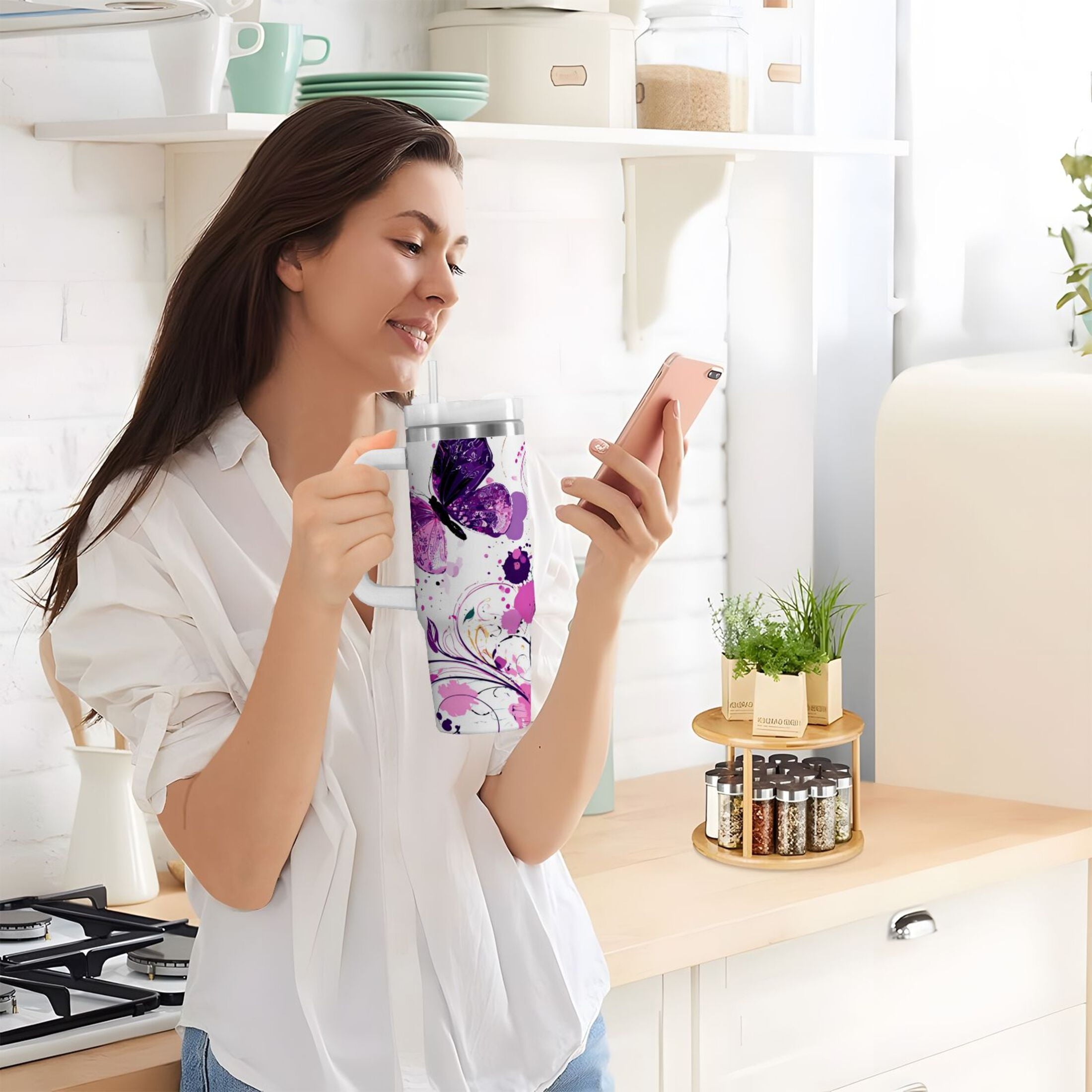 40 oz Insulated Stainless Steel Tumbler Double Wall Stainless Steel Tumbler with 2-Way Drinking Purple Butterfly C444V