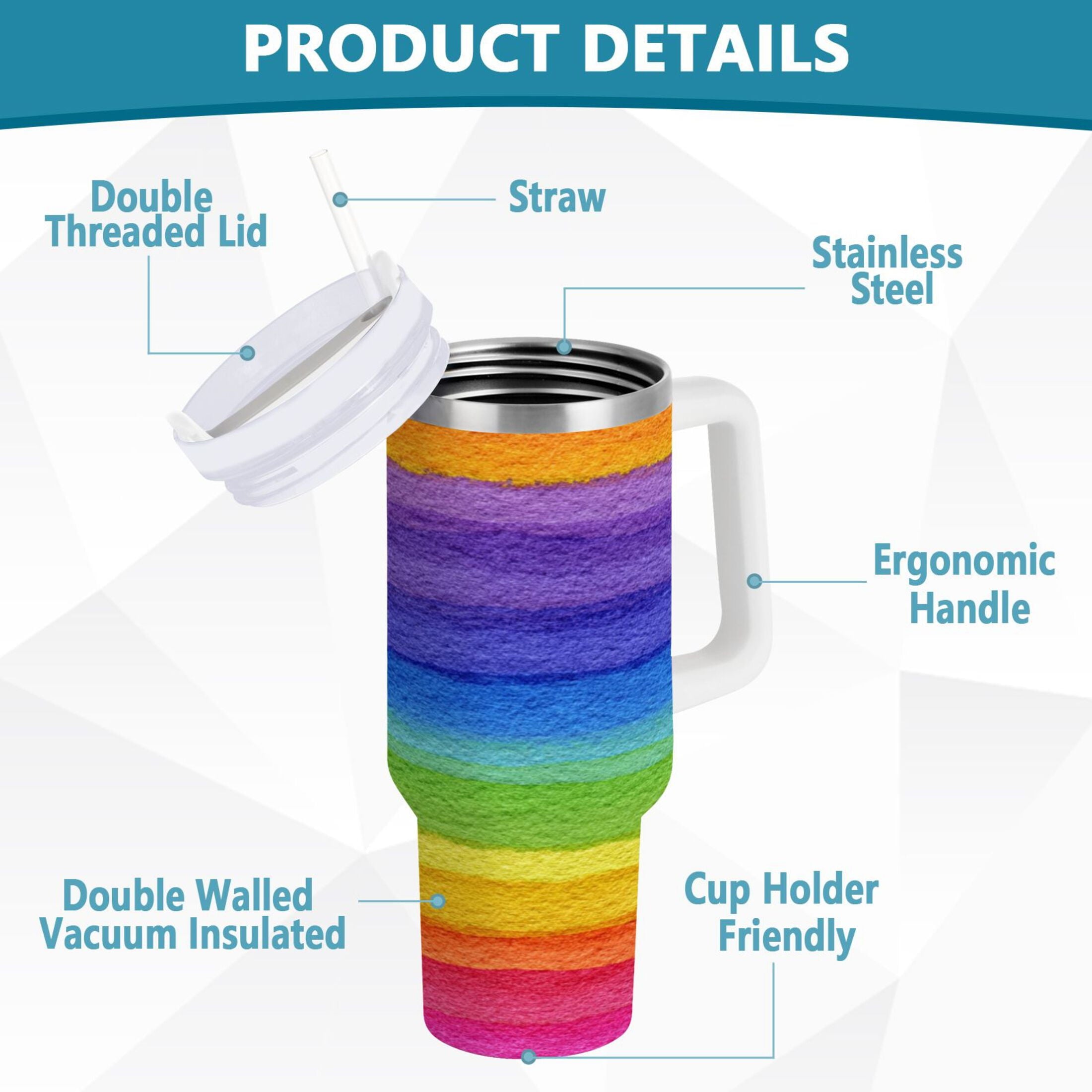 30 oz Insulated Stainless Steel Tumbler Double Wall Stainless Steel Tumbler with 2-Way Drinking Watercolor Rainbow Colors C448L