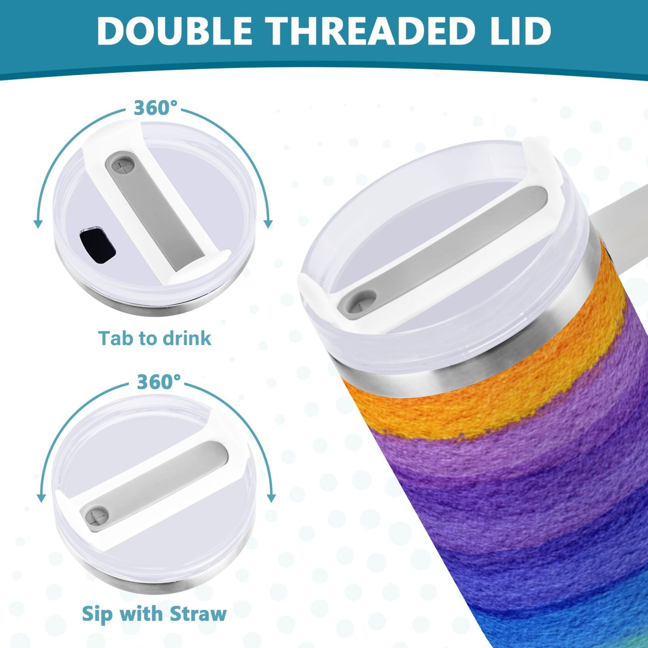 30 oz Insulated Stainless Steel Tumbler Double Wall Stainless Steel Tumbler with 2-Way Drinking Watercolor Rainbow Colors C448L