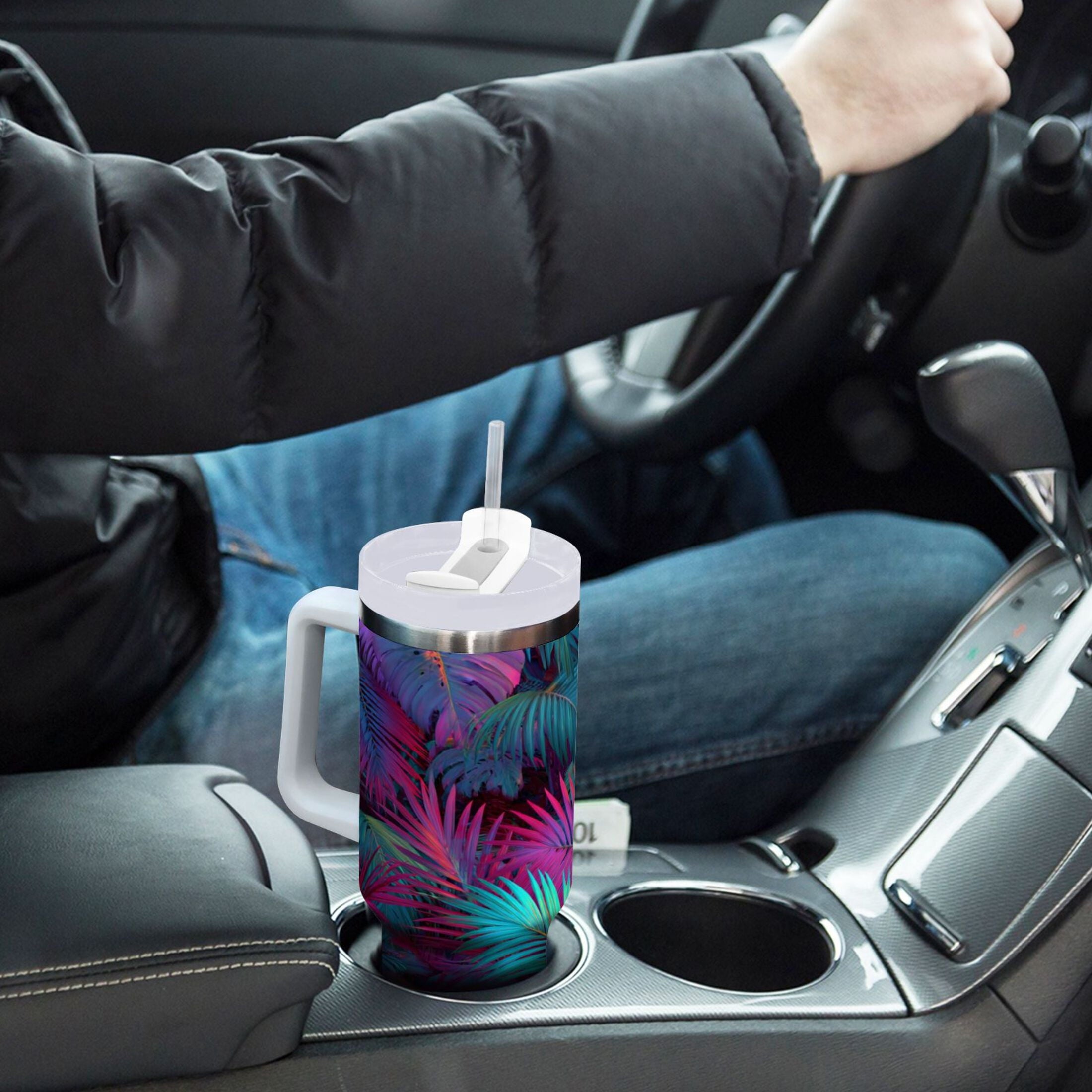 30 oz Insulated Stainless Steel Tumbler Double Wall Stainless Steel Tumbler with 2-Way Drinking Vibrant and Shimmering Jungle C470E