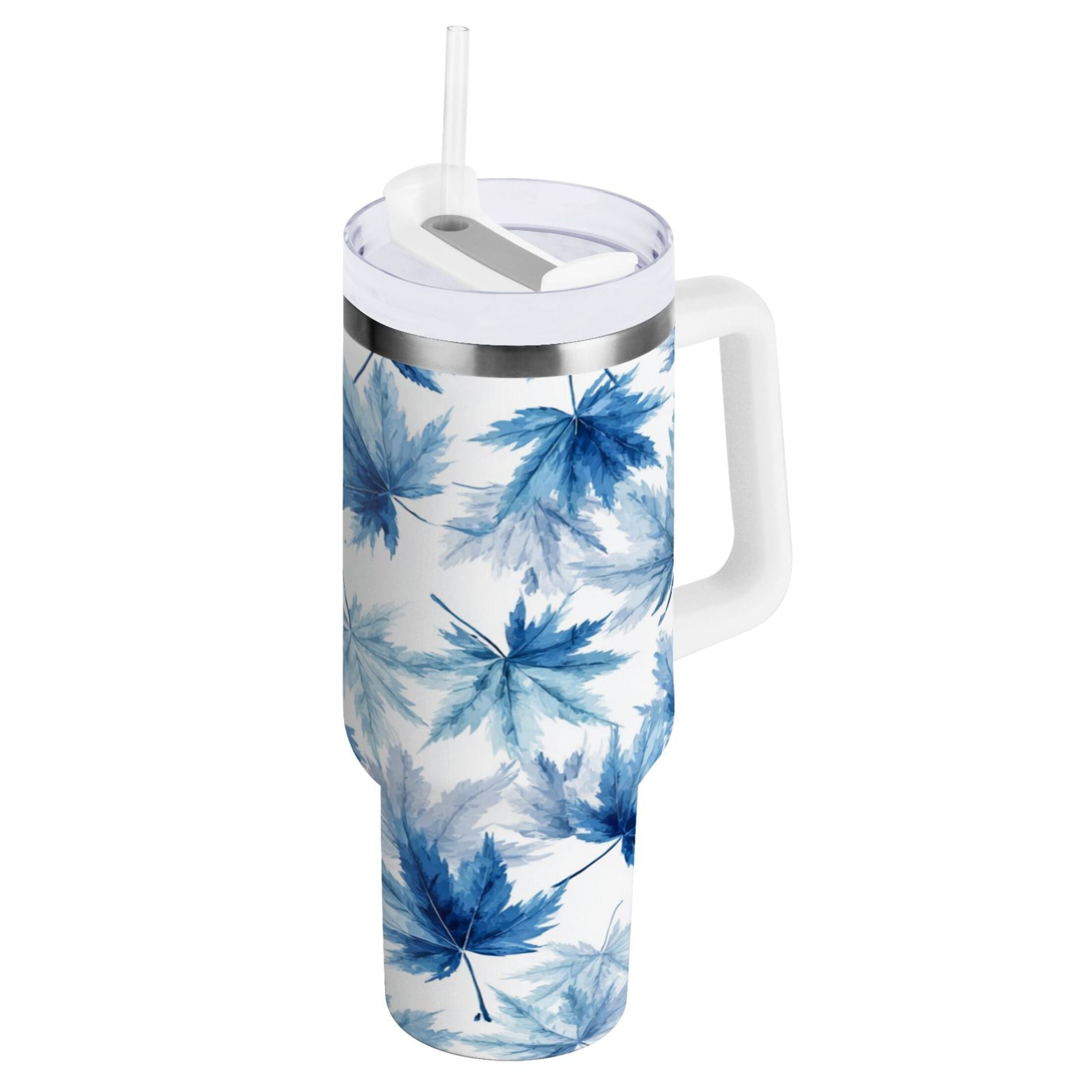 30 oz Insulated Stainless Steel Tumbler Double Wall Stainless Steel Tumbler with 2-Way Drinking Abstract Blue Maple Leaves C581M