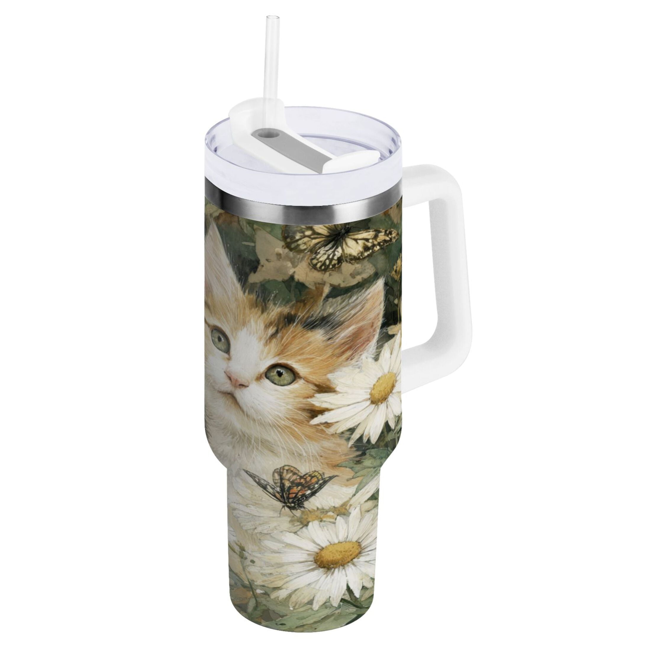 30 oz Insulated Stainless Steel Tumbler Double Wall Stainless Steel Tumbler with 2-Way Drinking Adorable Cats and Daisies C602M