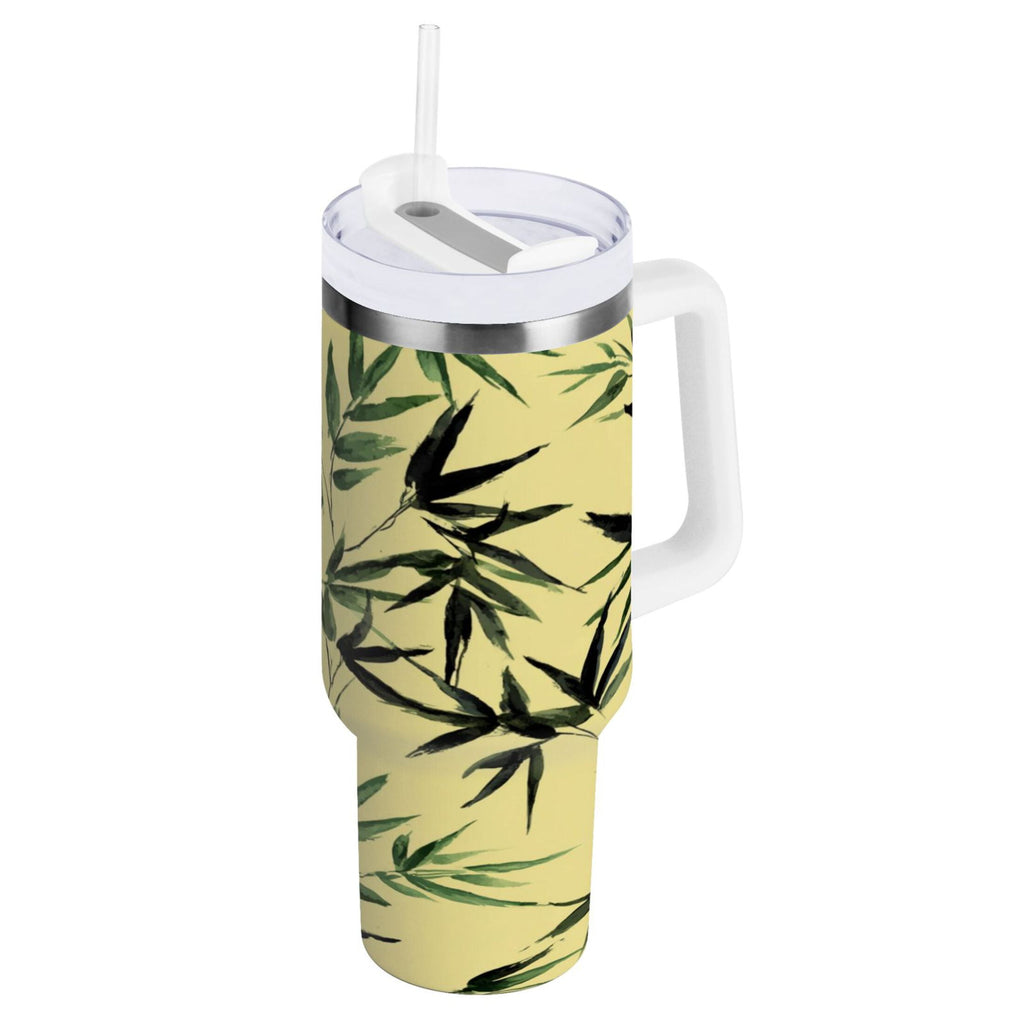30 oz Insulated Stainless Steel Tumbler Double Wall Stainless Steel Tumbler with 2-Way Drinking Bamboo and Green Leaves C633Y