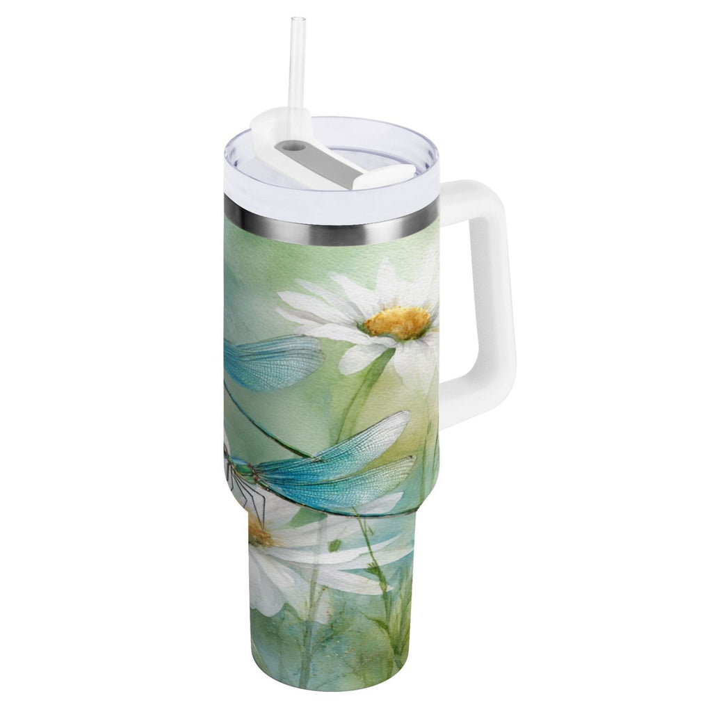 30 oz Insulated Stainless Steel Tumbler Double Wall Stainless Steel Tumbler with 2-Way Drinking Beautiful Dragonflies and Daisies C638G