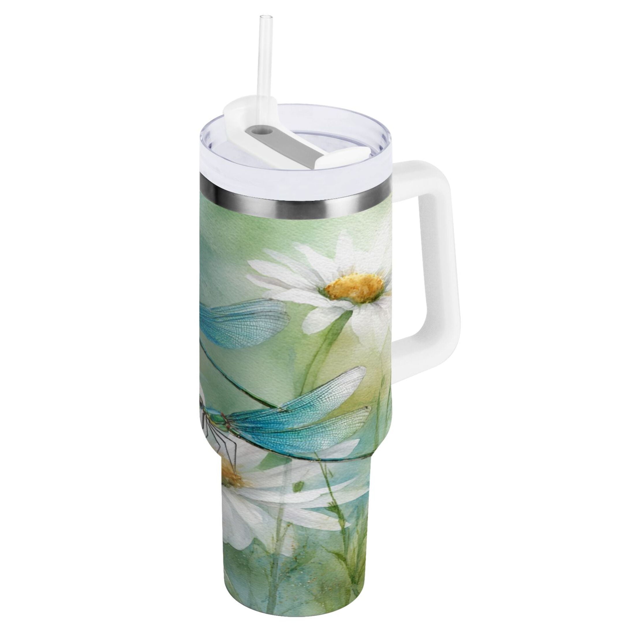 30 oz Insulated Stainless Steel Tumbler Double Wall Stainless Steel Tumbler with 2-Way Drinking Beautiful Dragonflies and Daisies C638G
