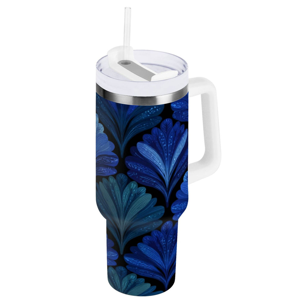 30 oz Insulated Stainless Steel Tumbler Double Wall Stainless Steel Tumbler with 2-Way Drinking Blue Batik Leaves Pattern C525W