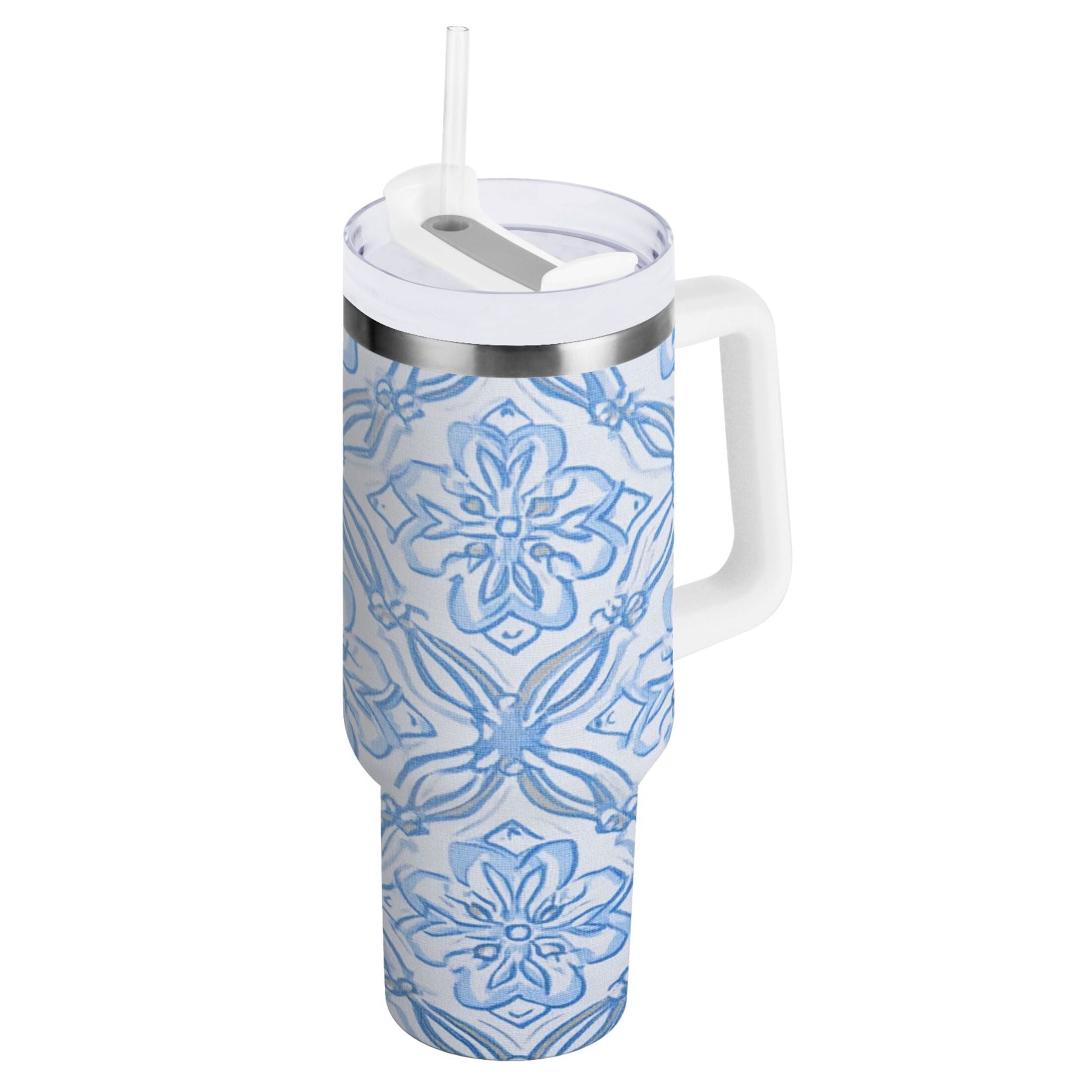 30 oz Insulated Stainless Steel Tumbler Double Wall Stainless Steel Tumbler with 2-Way Drinking Blue Elegant Geometric Design C623R
