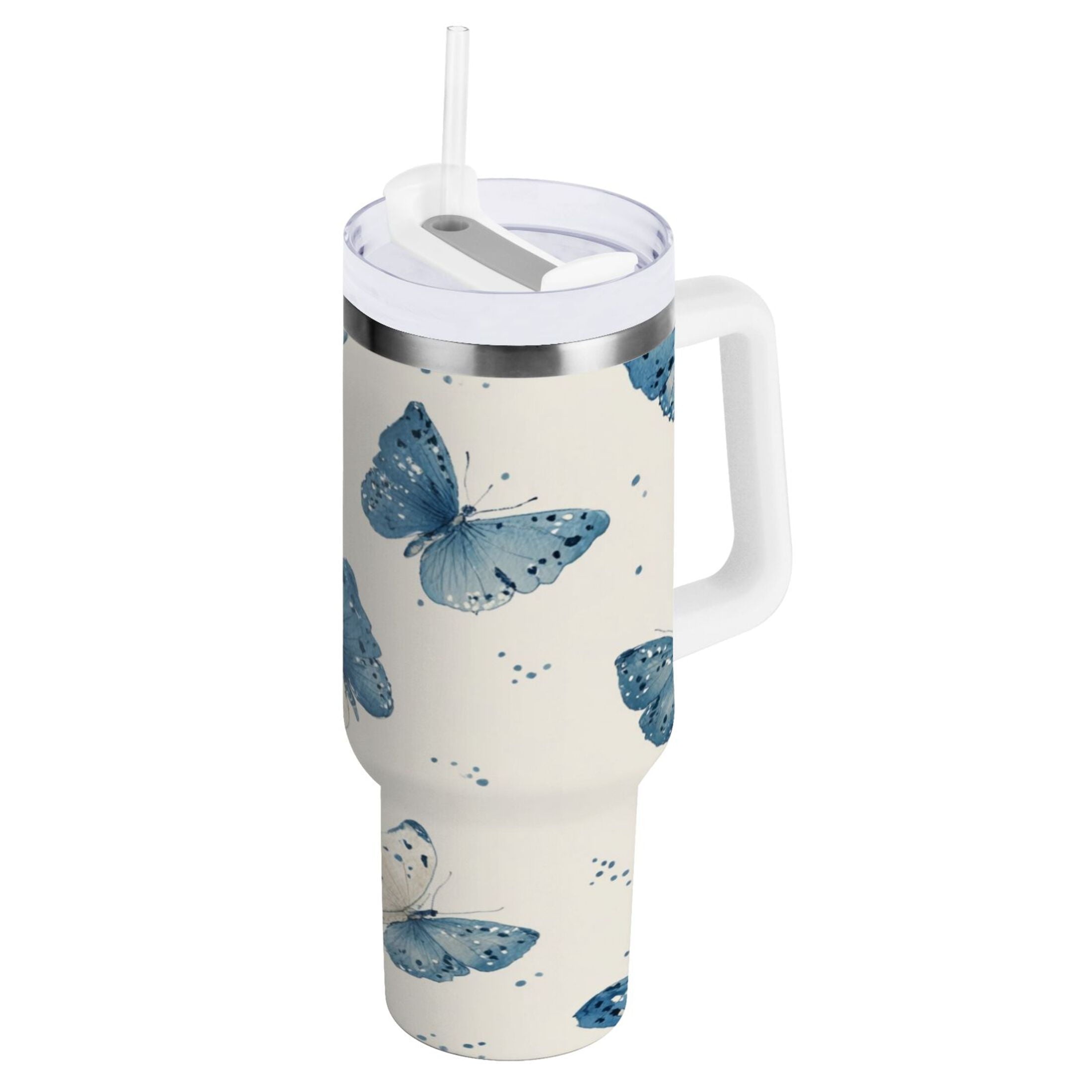 30 oz Insulated Stainless Steel Tumbler Double Wall Stainless Steel Tumbler with 2-Way Drinking Blue Watercolor Butterflies C572C