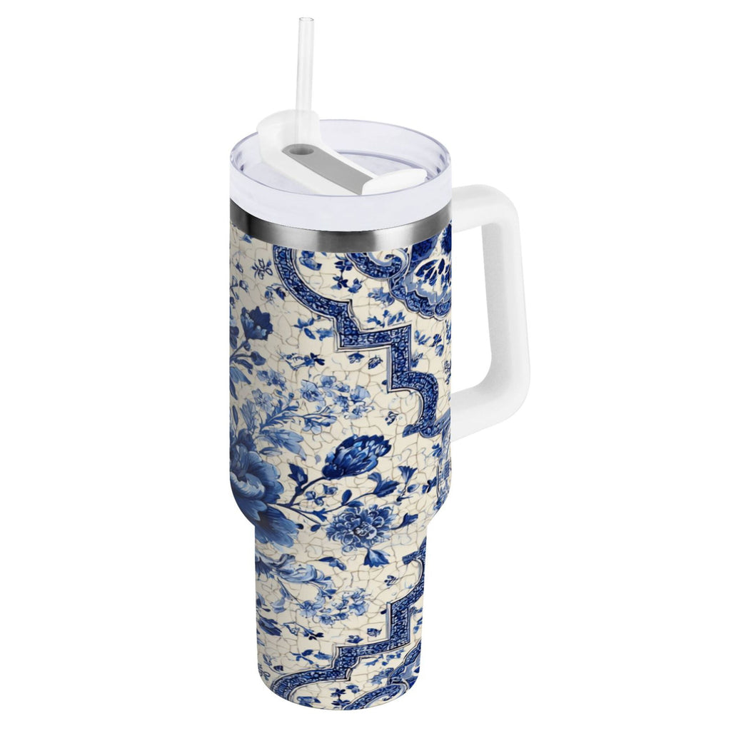 30 oz Insulated Stainless Steel Tumbler Double Wall Stainless Steel Tumbler with 2-Way Drinking Blue and White Porcelain-style C576R