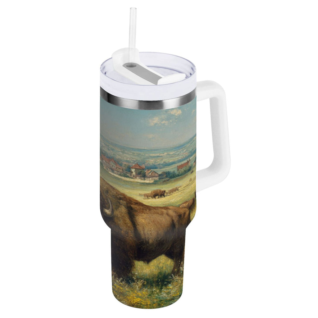 30 oz Insulated Stainless Steel Tumbler Double Wall Stainless Steel Tumbler with 2-Way Drinking Buffalo Herd Oil Painting C660X