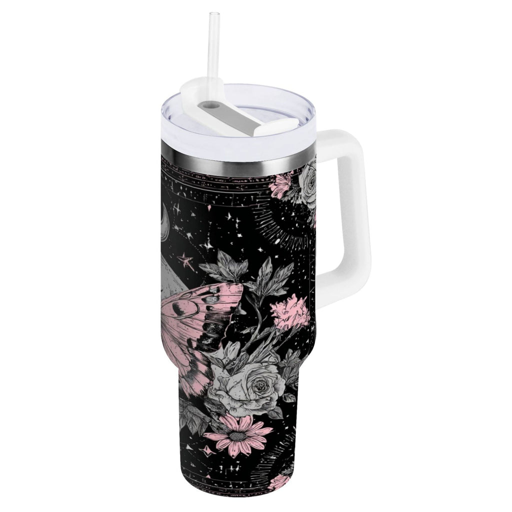 30 oz Insulated Stainless Steel Tumbler Double Wall Stainless Steel Tumbler with 2-Way Drinking Butterfly by Moon and Flowers C542G