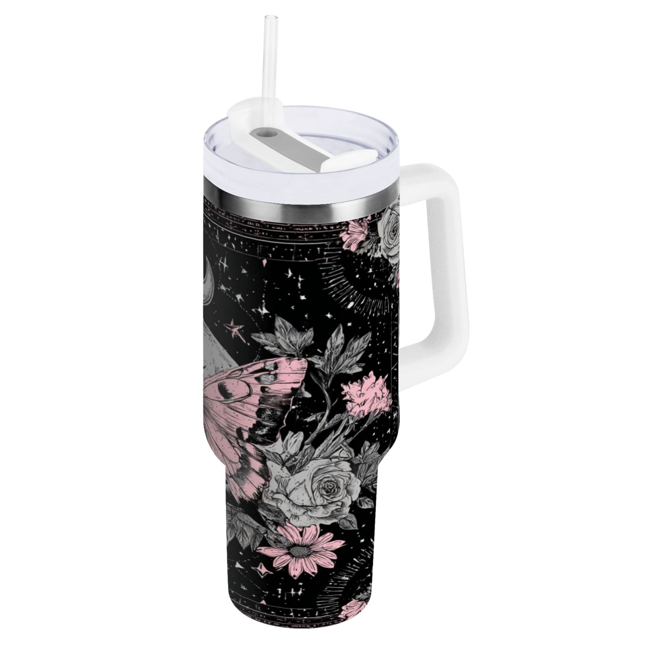 30 oz Insulated Stainless Steel Tumbler Double Wall Stainless Steel Tumbler with 2-Way Drinking Butterfly by Moon and Flowers C542G