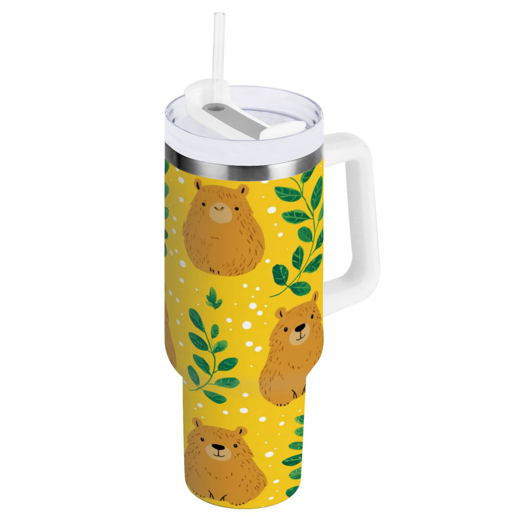 30 oz Insulated Stainless Steel Tumbler Double Wall Stainless Steel Tumbler with 2-Way Drinking Capybara and Green Leaves C658M