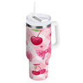 30 oz Insulated Stainless Steel Tumbler Double Wall Stainless Steel Tumbler with 2-Way Drinking Cherry and Pink Bow Pattern C617C