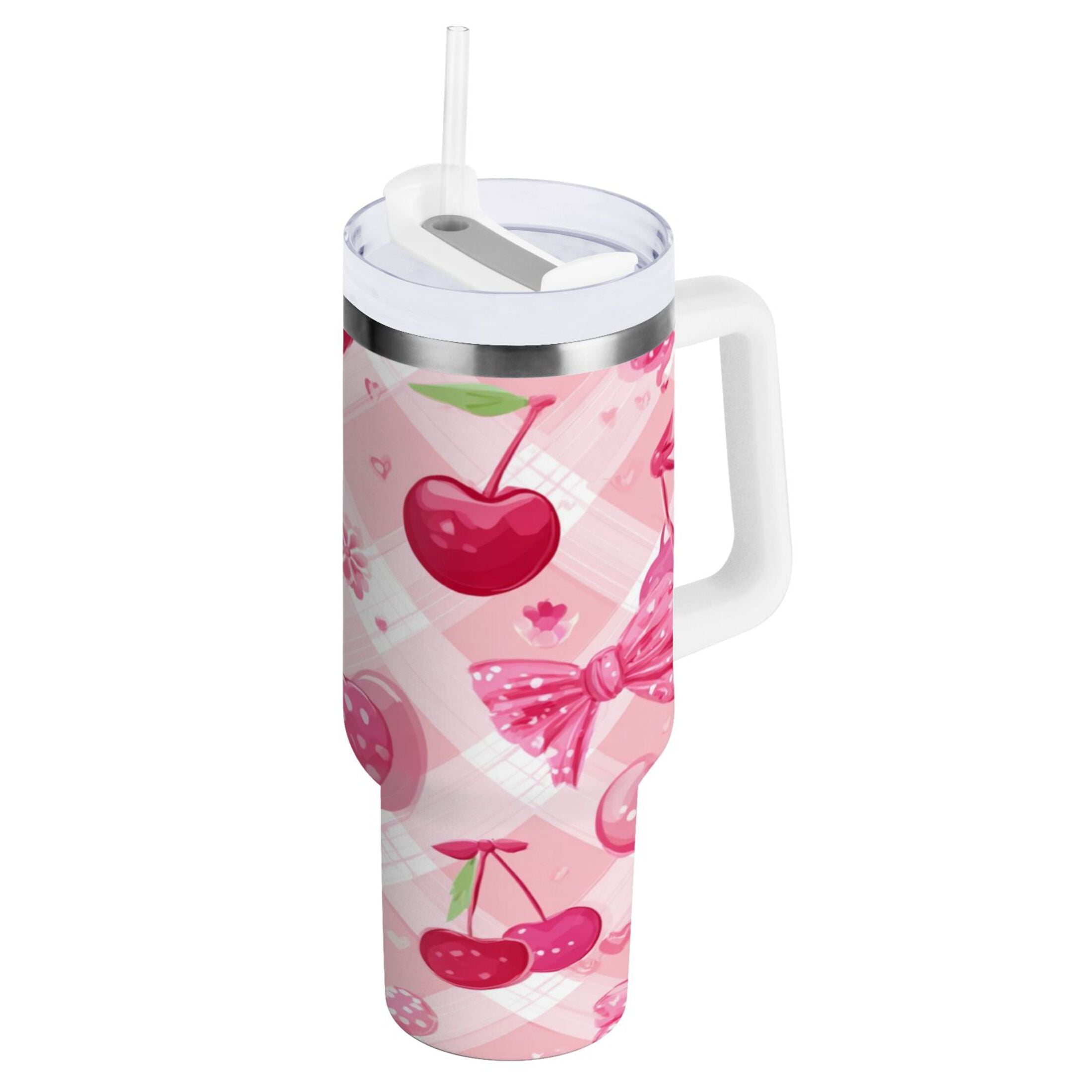 30 oz Insulated Stainless Steel Tumbler Double Wall Stainless Steel Tumbler with 2-Way Drinking Cherry and Pink Bow Pattern C617C