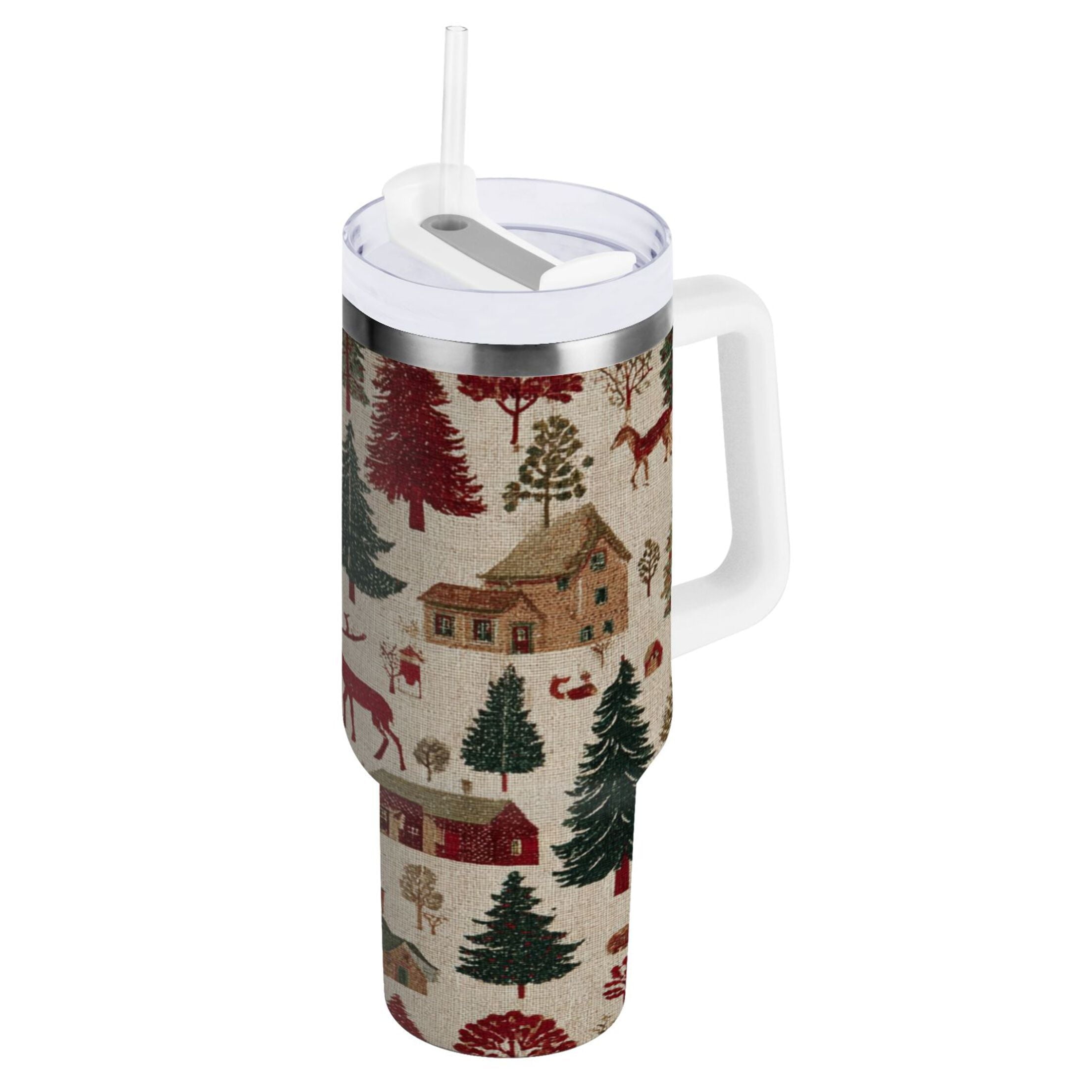 30 oz Insulated Stainless Steel Tumbler Double Wall Stainless Steel Tumbler with 2-Way Drinking Christmas Trees Deer and Houses C577W