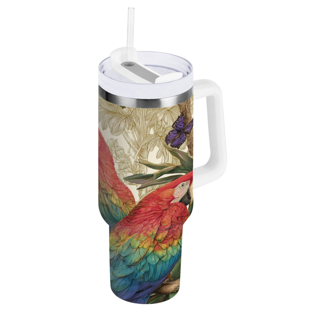 30 oz Insulated Stainless Steel Tumbler Double Wall Stainless Steel Tumbler with 2-Way Drinking Colorful Beautiful Parrots C520E