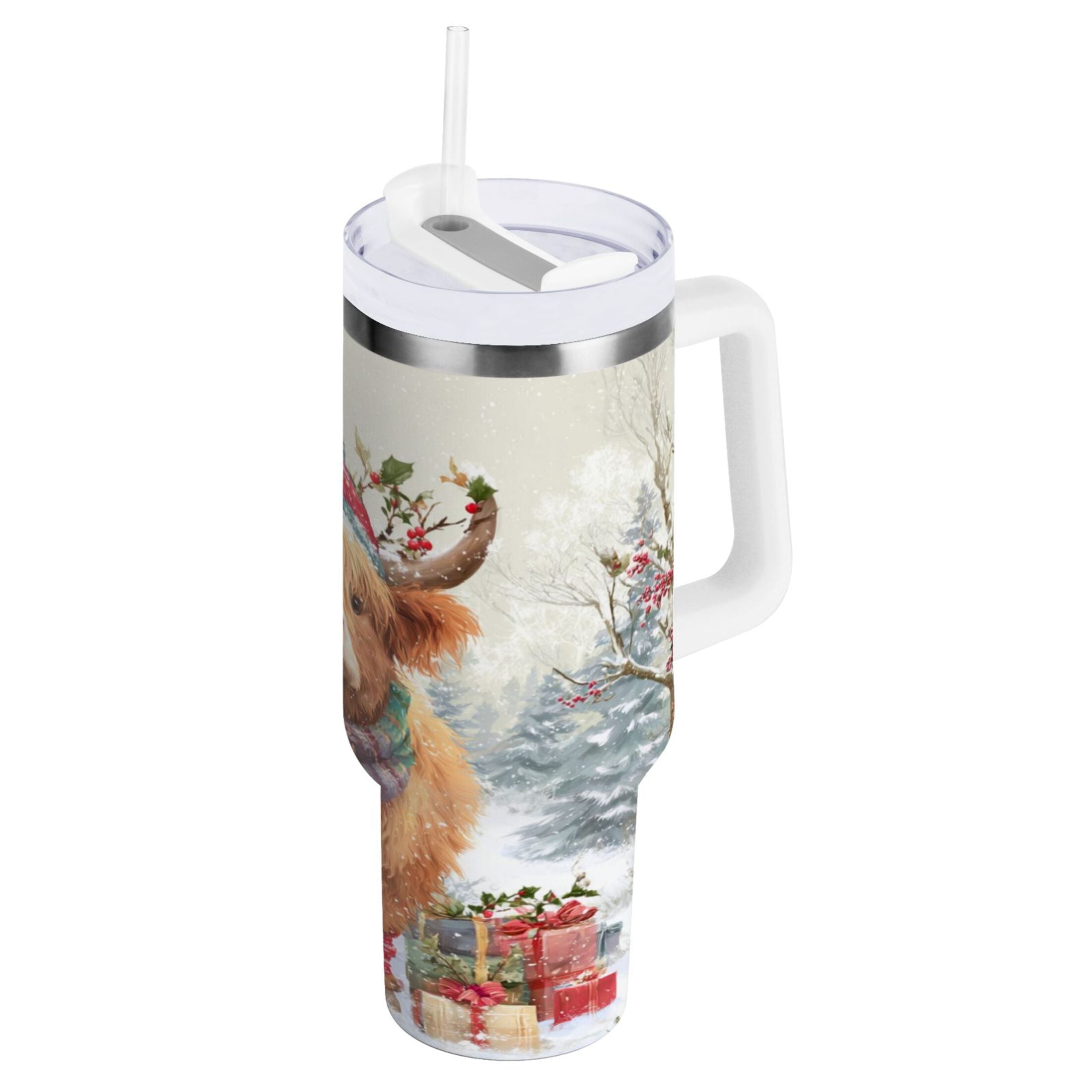 30 oz Insulated Stainless Steel Tumbler Double Wall Stainless Steel Tumbler with 2-Way Drinking Cow Wearing Christmas Hat C681C