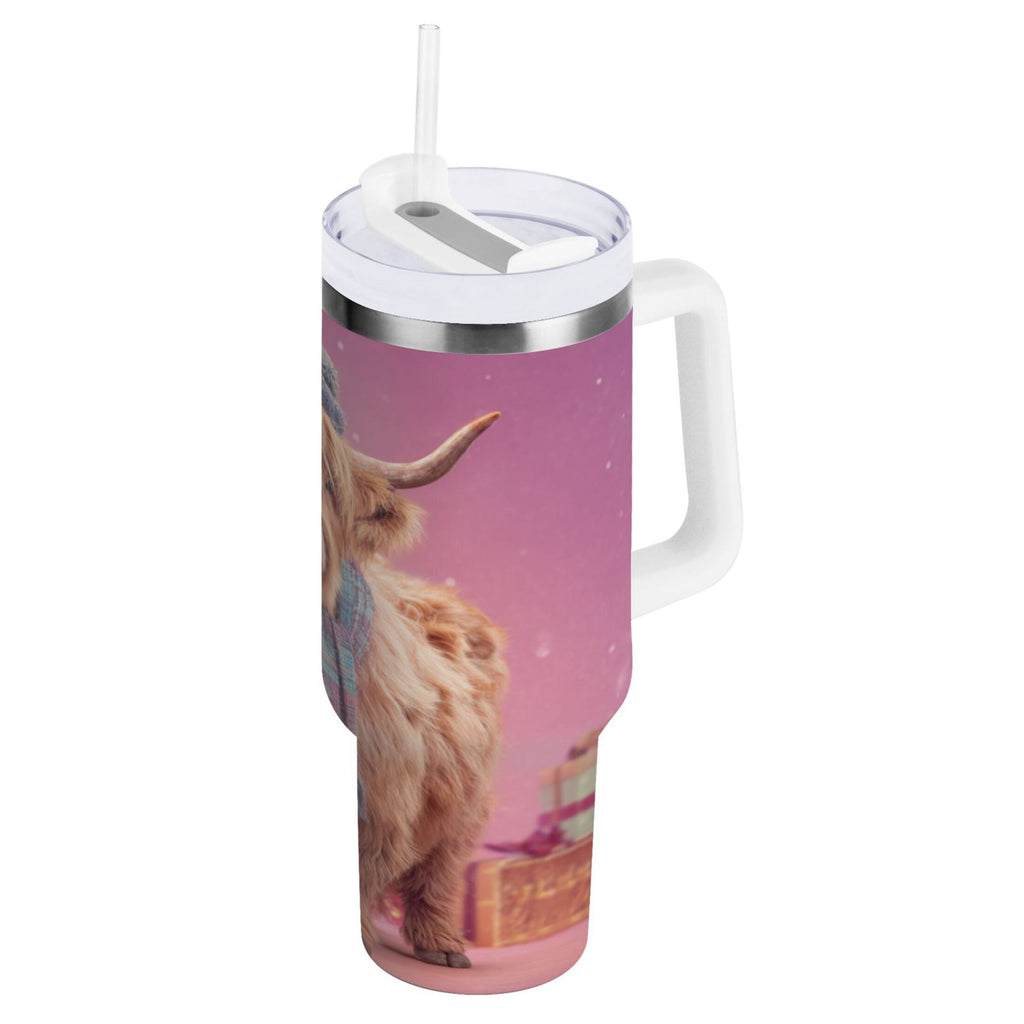 30 oz Insulated Stainless Steel Tumbler Double Wall Stainless Steel Tumbler with 2-Way Drinking Cow Wearing Christmas C626V