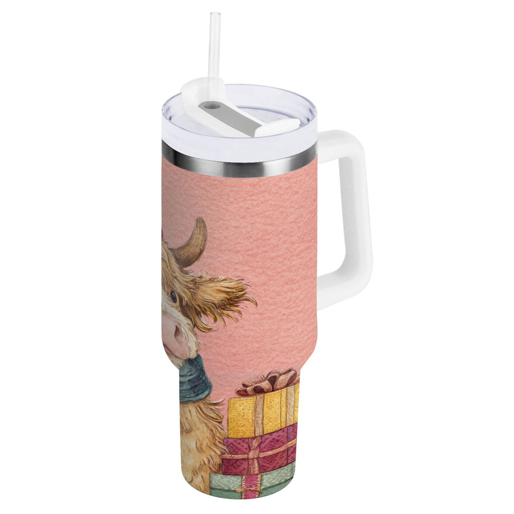 30 oz Insulated Stainless Steel Tumbler Double Wall Stainless Steel Tumbler with 2-Way Drinking Cow Wearing Scarf and Hat C663M